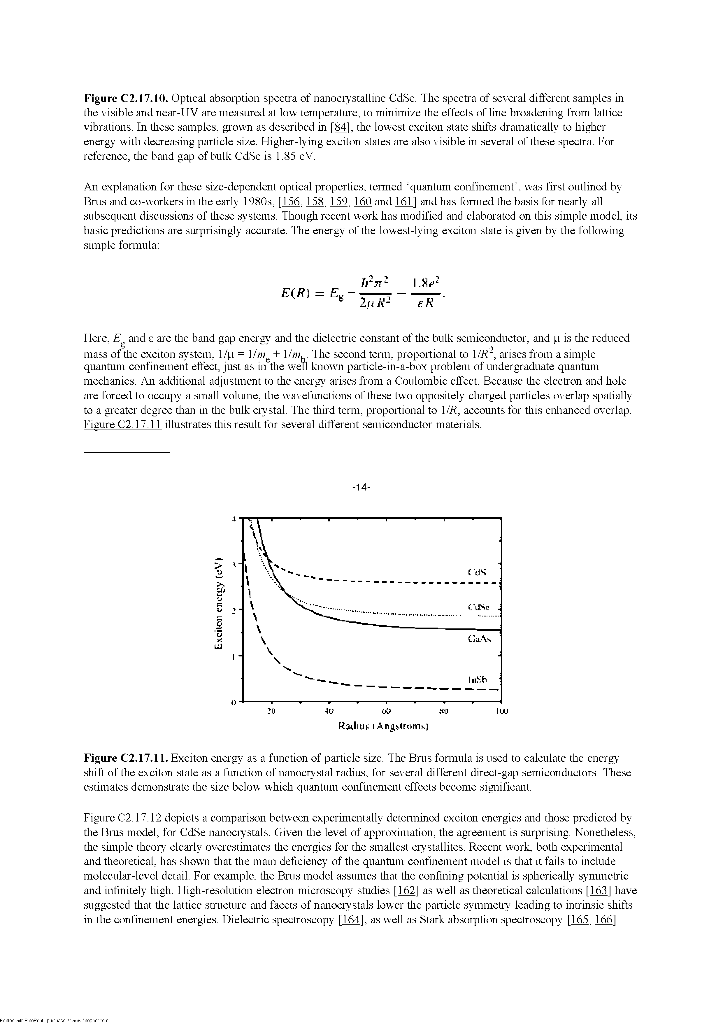 Figure C2.17.10. Optical absorjDtion spectra of nanocrystalline CdSe. The spectra of several different samples in the visible and near-UV are measured at low temperature, to minimize the effects of line broadening from lattice vibrations. In these samples, grown as described in [84], the lowest exciton state shifts dramatically to higher energy with decreasing particle size. Higher-lying exciton states are also visible in several of these spectra. For reference, the band gap of bulk CdSe is 1.85 eV.