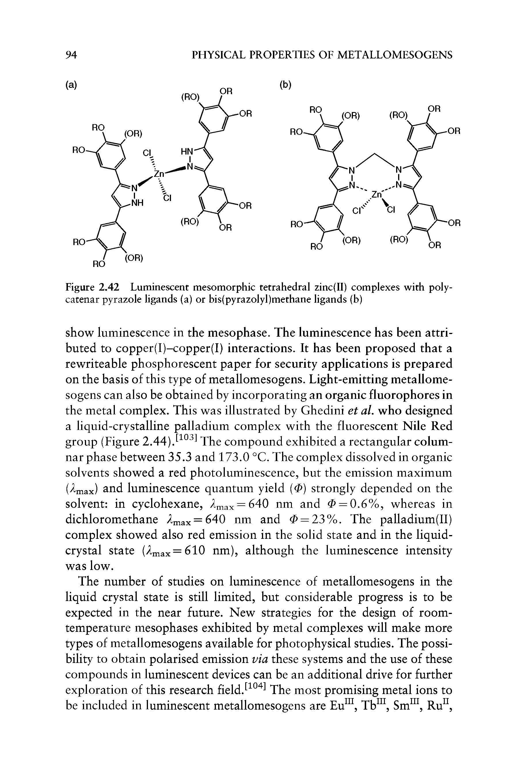 Figure 2.42 Luminescent mesomorphic tetrahedral zinc(II) complexes with poly-catenar pyrazole ligands (a) or bis(pyrazolyl)methane ligands (b)...