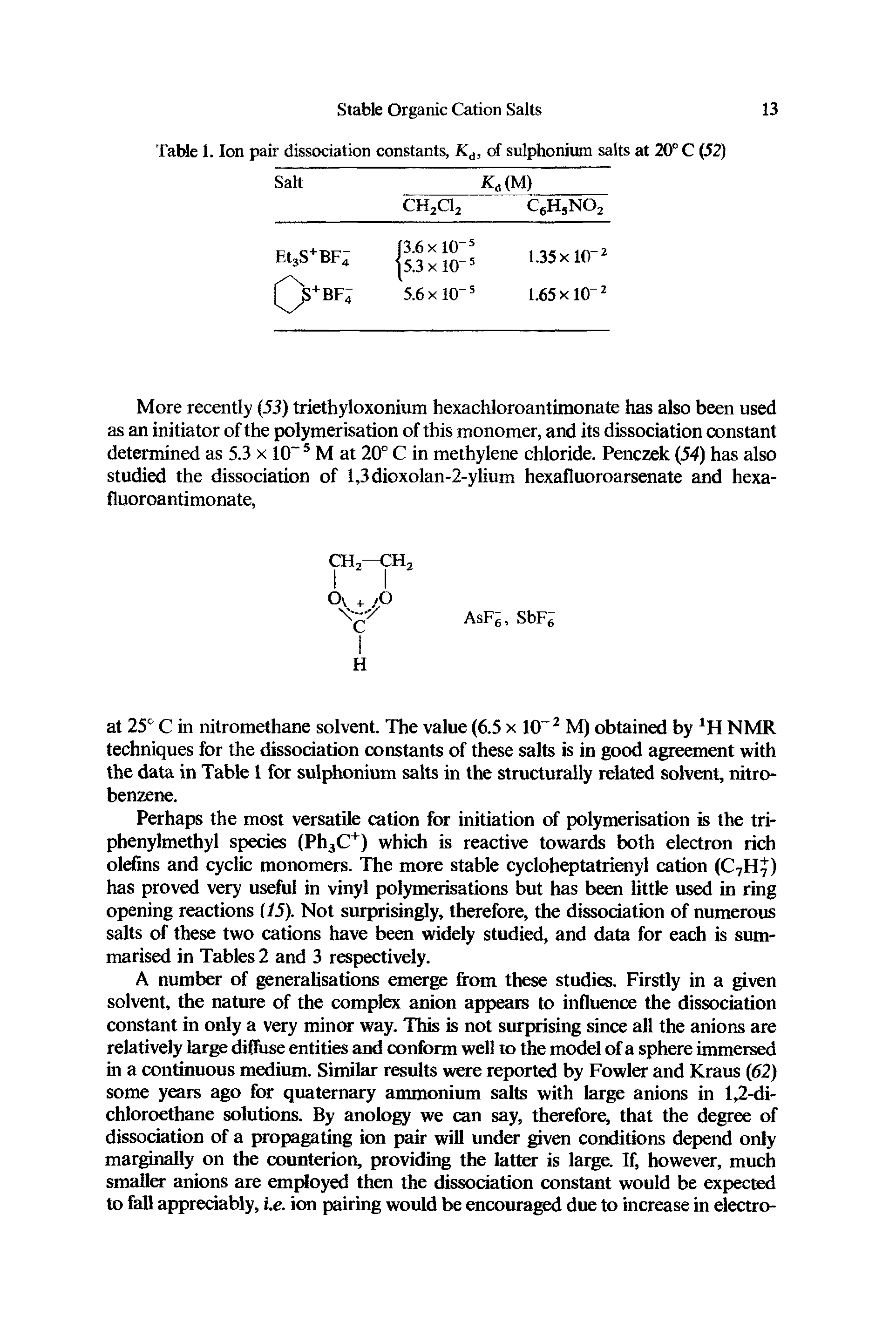 Table 1. Ion pair dissociation constants, Kd, of sulphonium salts at 20° C (52)...