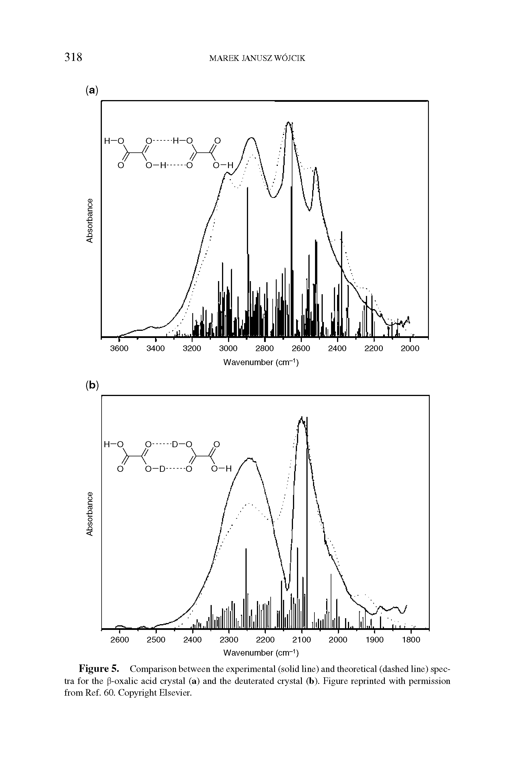 Figure 5. Comparison between the experimental (solid line) and theoretical (dashed line) spectra for the p-oxalic acid crystal (a) and the deuterated crystal (b). Figure reprinted with permission from Ref. 60. Copyright Elsevier.