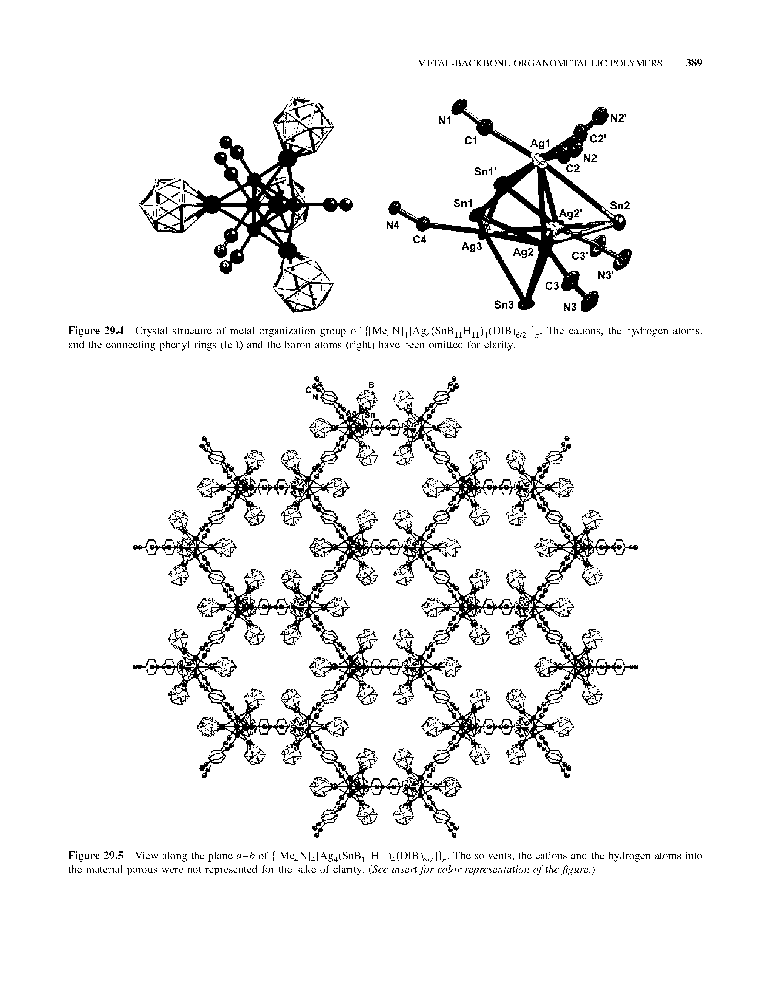 Figure 29.5 View along the plane a-b of [Me4N]4[Ag4(SnBjjHjj)4(DIB)gQ] . The solvents, the cations and the hydrogen atoms into the material porous were not represented for the sake of clarity. (See insert for color representation of the figure.)...