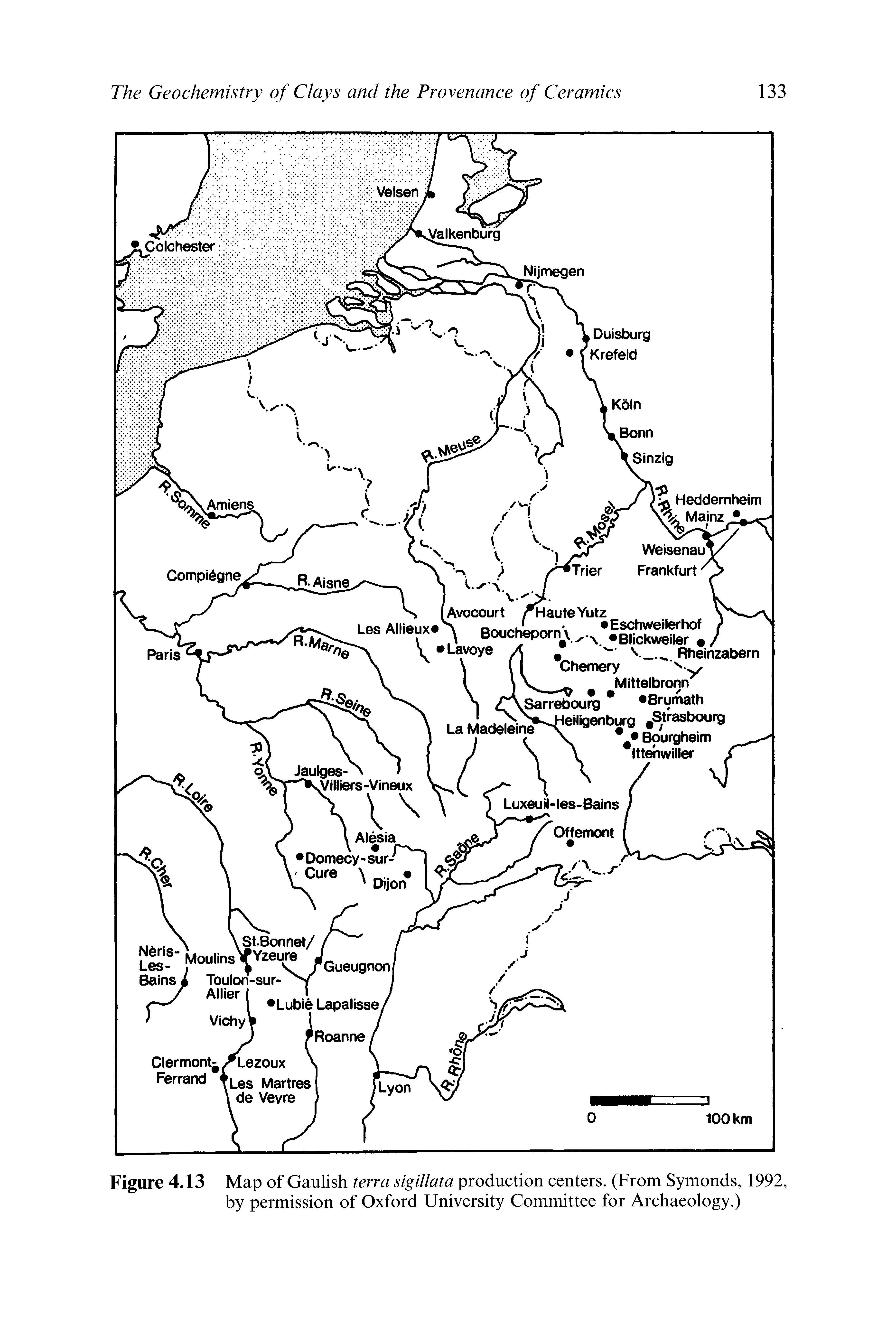 Figure 4.13 Map of Gaulish terra sigillata production centers. (From Symonds, 1992, by permission of Oxford University Committee for Archaeology.)...