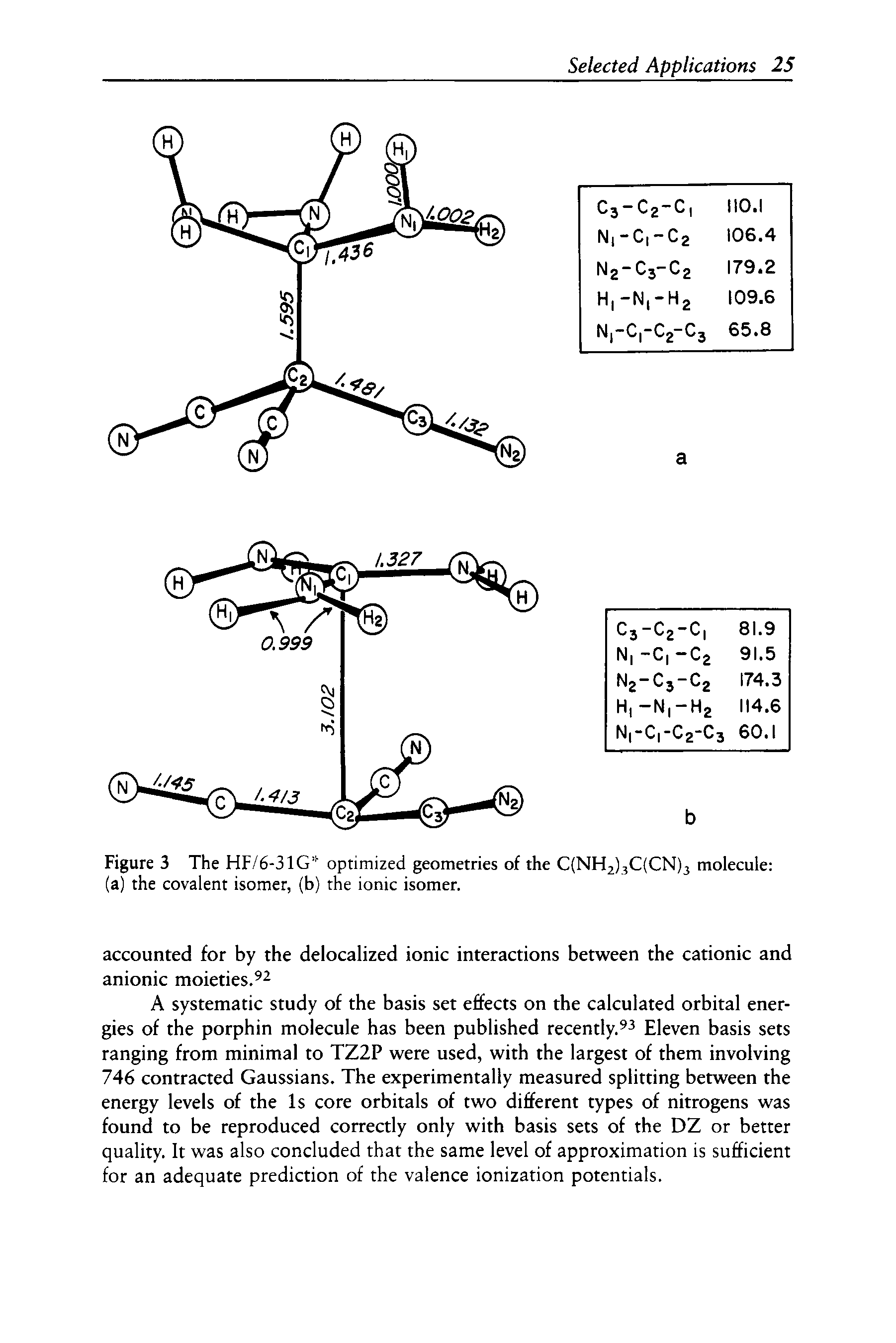 Figure 3 The HF/6-31G optimized geometries of the C(NH2)3C(CN)3 molecule (a) the covalent isomer, (b) the ionic isomer.