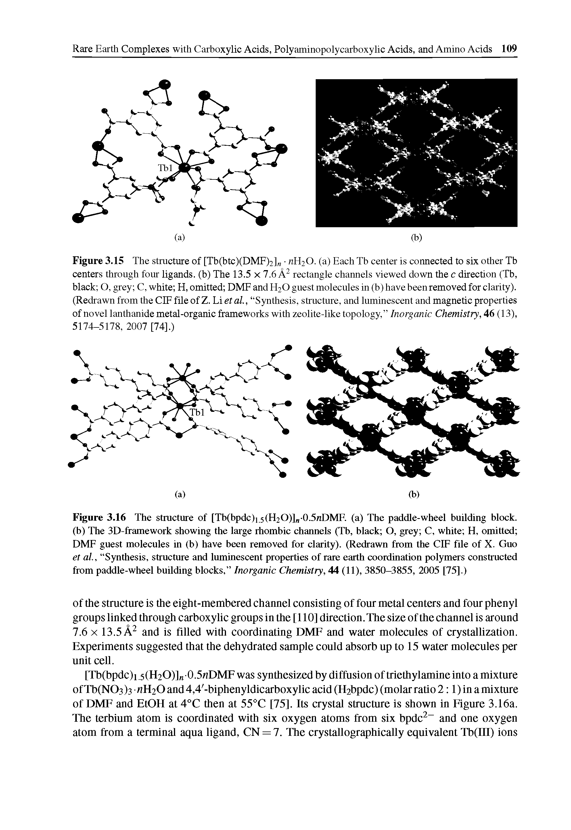 Figure 3.15 The structure of [Tb(btc)(DMF)2] nH20. (a) Each Tb center is connected to six other Tb centers through four ligands, (b) The 13.5 x 7.6 rectangle channels viewed down the c direction (Tb, black O, grey C, white H, omitted DMF and H2O guest molecules in (b) have been removed for clarity). (Redrawn from the CIF file of Z. Li et al., Synthesis, structure, and luminescent and magnetic properties of novel lanthanide metal-organic frameworks with zeolite-like topology, Inorganic Chemistry, 46 (13), 5174-5178, 2007 [74].)...