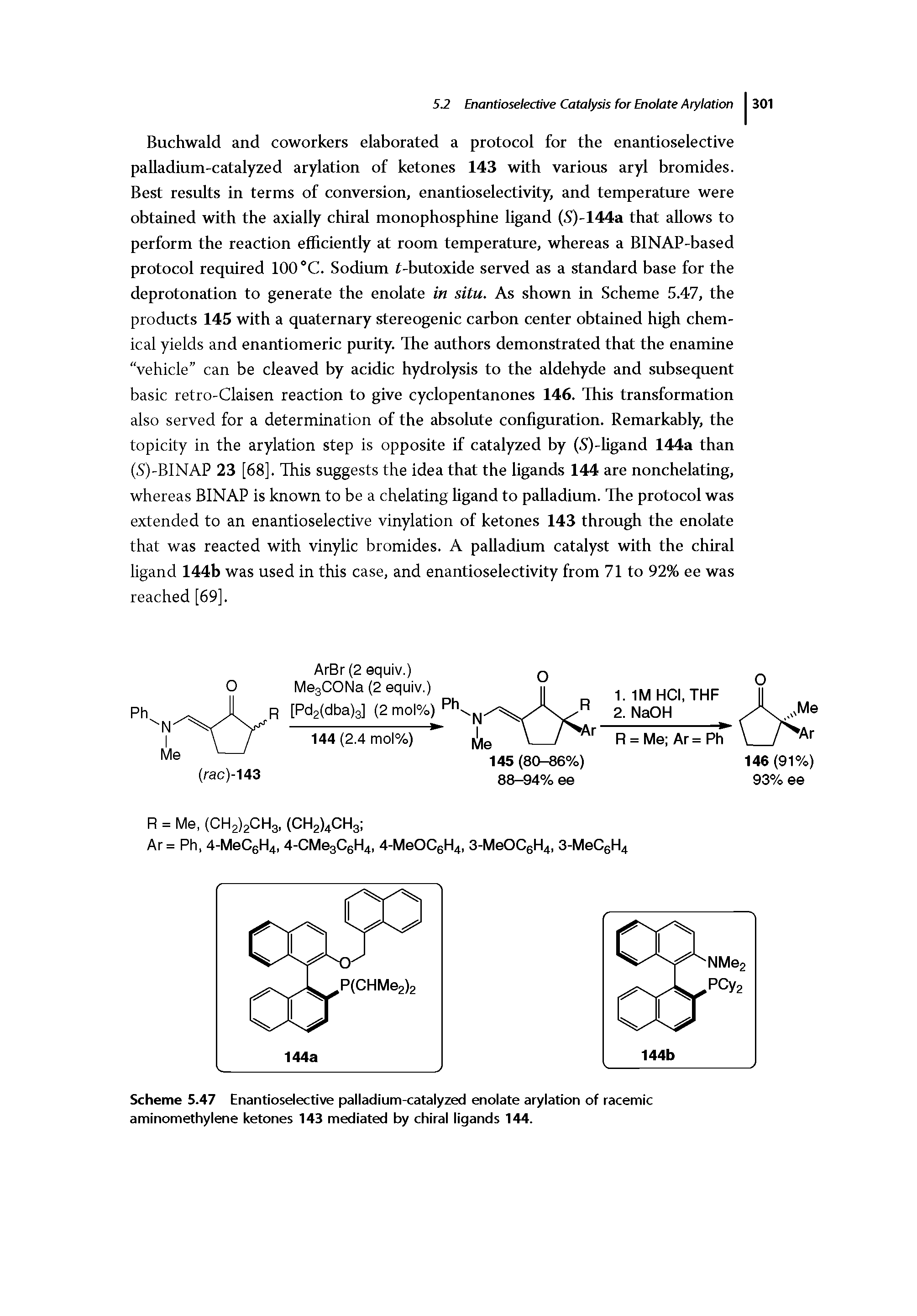 Scheme 5.47 Enantioselective palladium-catalyzed enolate arylation of racemic aminomethylene ketones 143 mediated by chiral ligands 144.