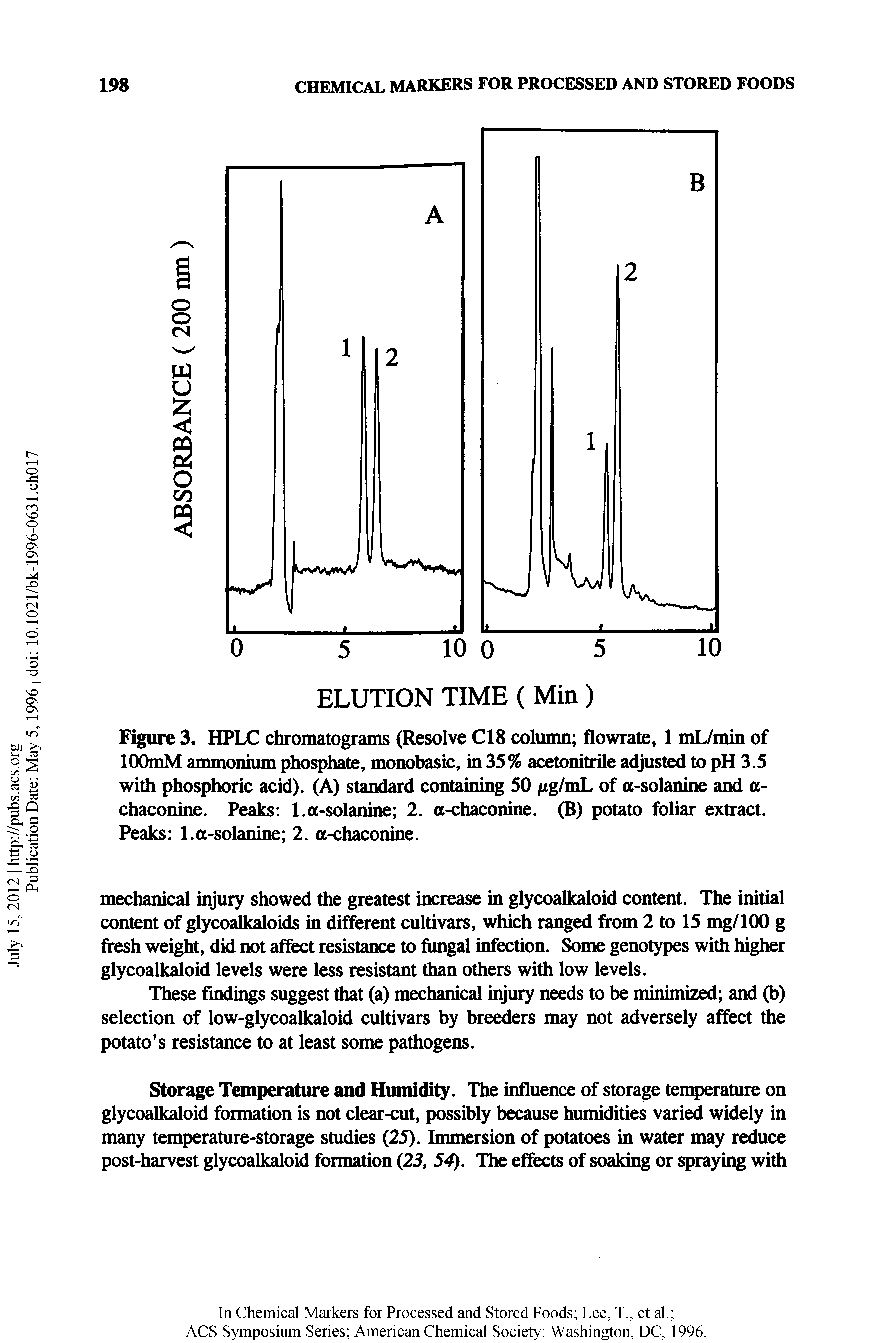 Figure 3. HPLC chromatograms (Resolve C18 column flowrate, 1 mL/min of lOOmM ammonium phosphate, monobasic, in 35% acetonitrile adjusted to pH 3.5 with phosphoric acid). (A) standard containing 50 fig/mL of a-solanine and a-chaconine. Peaks 1.a-solanine 2. a-chaconine. (B) potato foliar extract. Peaks 1.a-solanine 2. a-chaconine.