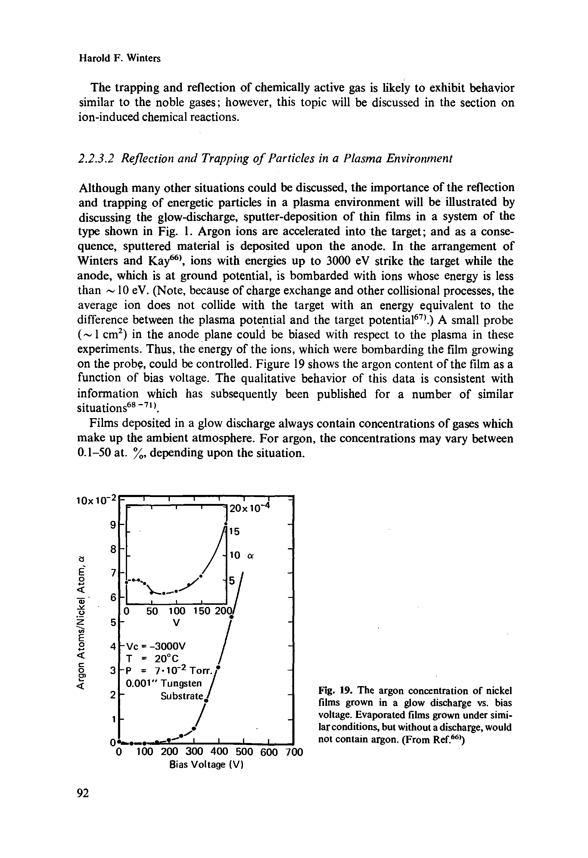 Fig. 19. The argon concentration of nickel films grown in a glow discharge vs. bias voltage. Evaporated films grown under similar conditions, but without a discharge, would not contain argon. (From Ref. )...