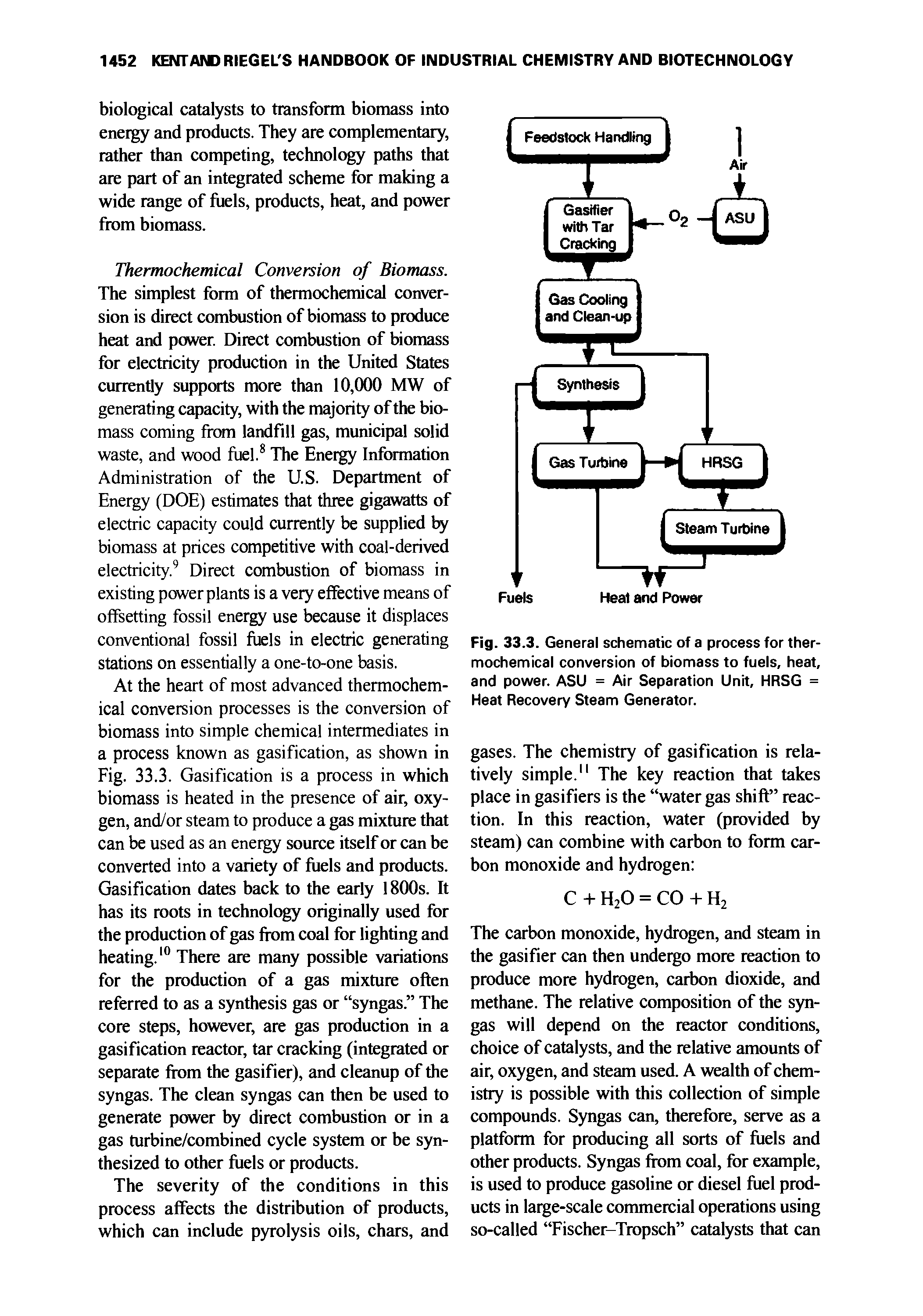 Fig. 33.3. General schematic of a process for thermochemical conversion of biomass to fuels, heat, and power. ASU = Air Separation Unit, HRSG = Heat Recovery Steam Generator.