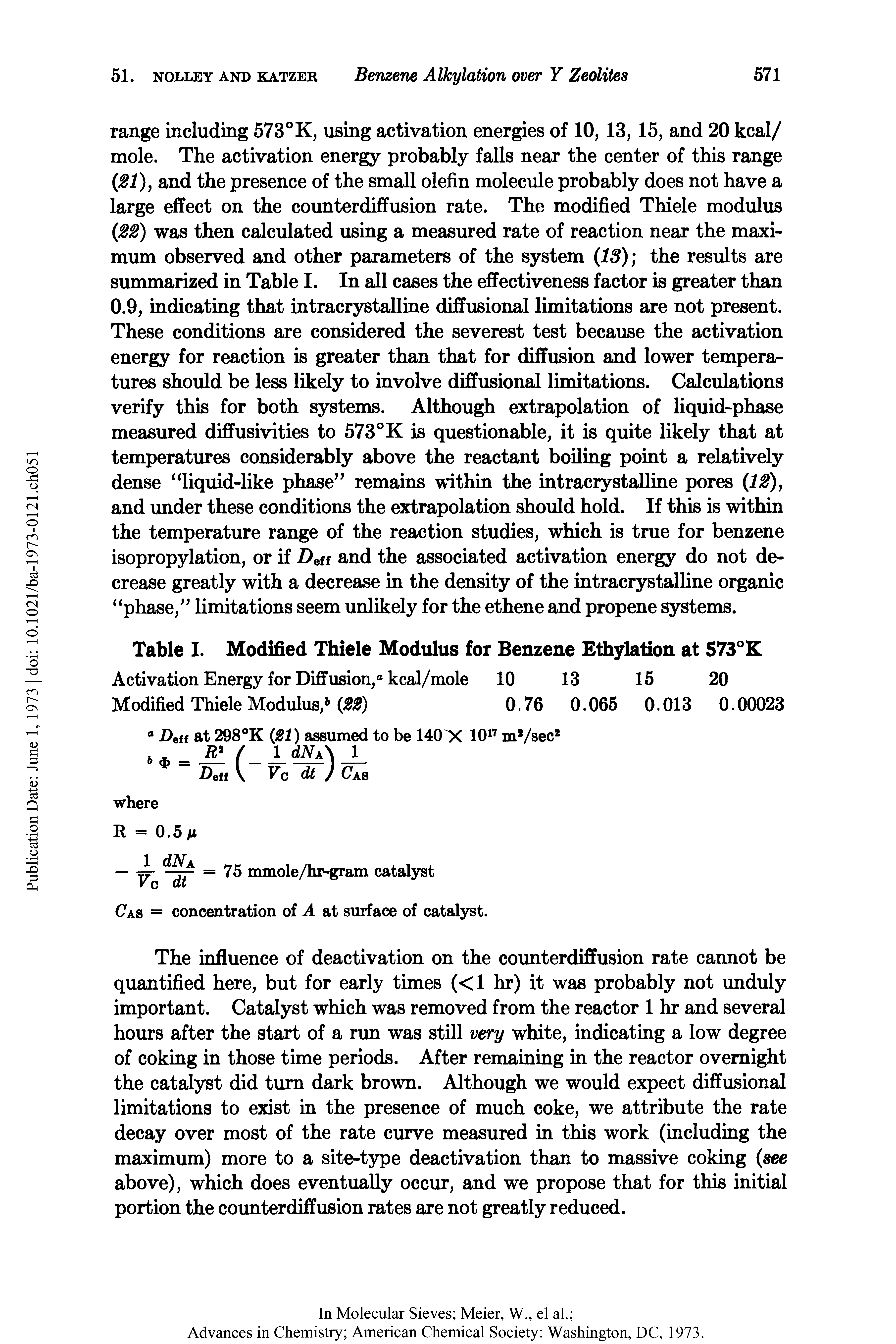 Table I. Modified Thiele Modulus for Benzene Ethylation at 573°K...