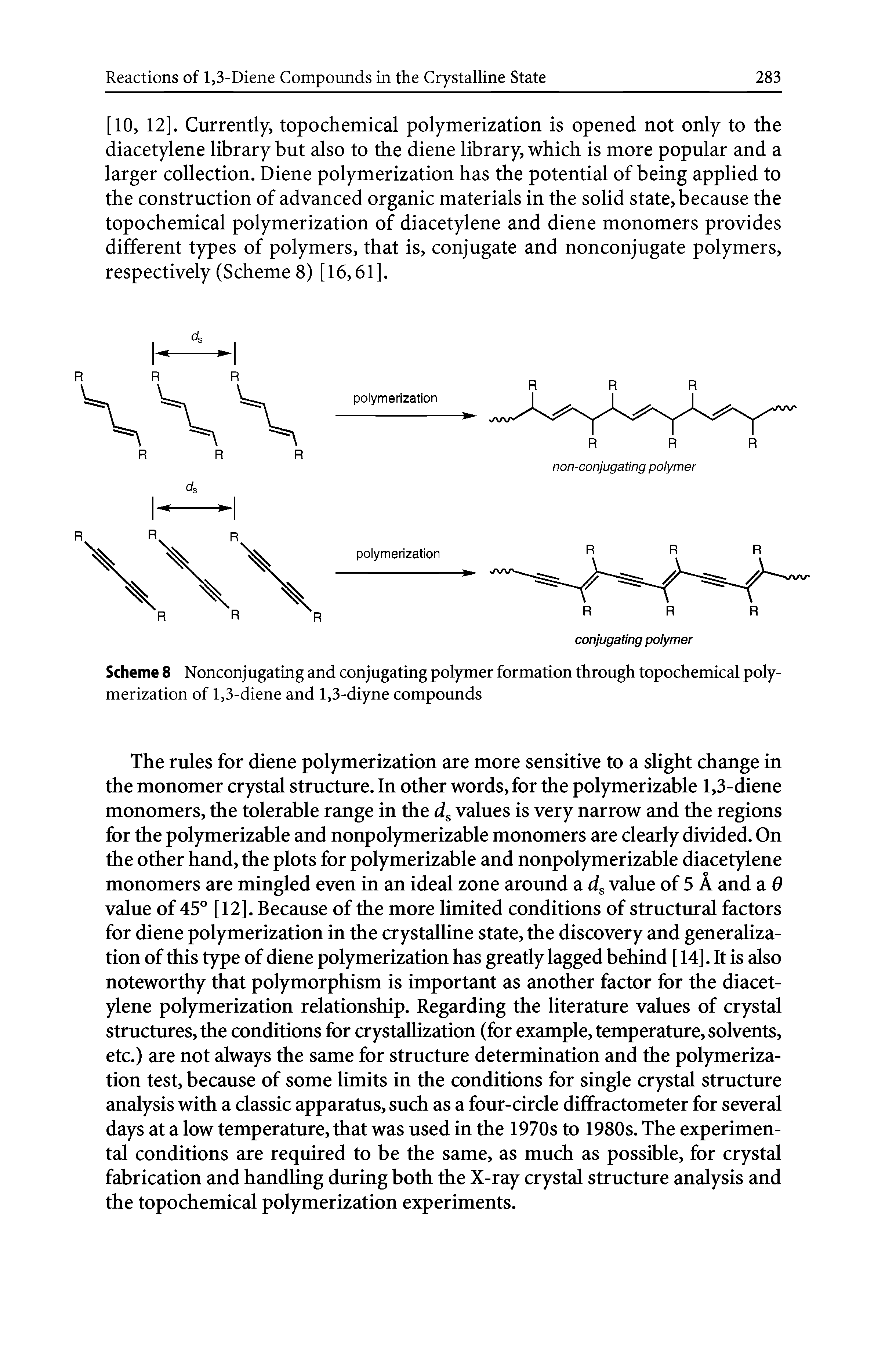 Scheme 8 Nonconjugating and conjugating polymer formation through topochemical polymerization of 1,3-diene and 1,3-diyne compounds...
