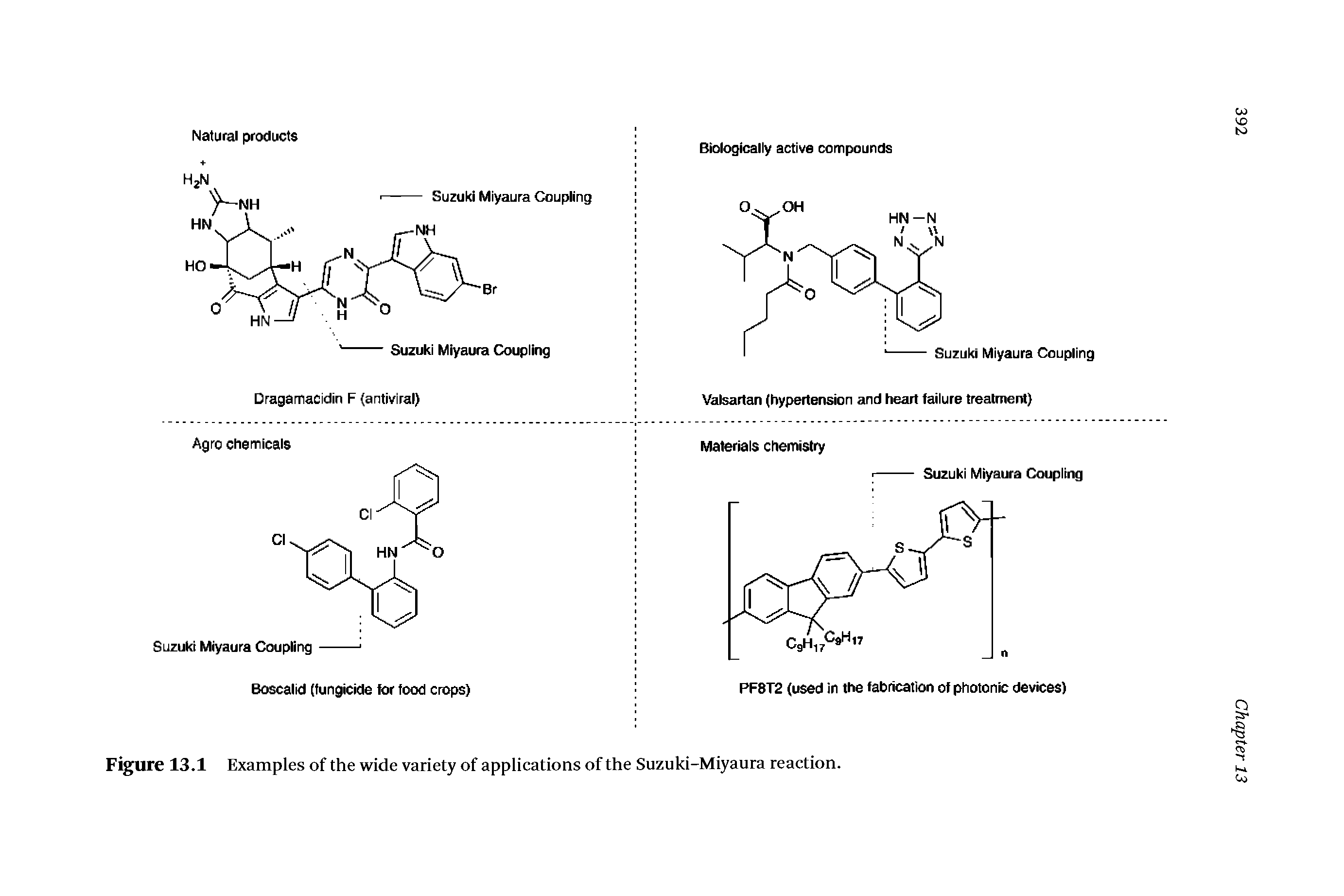 Figure 13.1 Examples of the wide variety of applications of the Suzuki-Miyaura reaction.