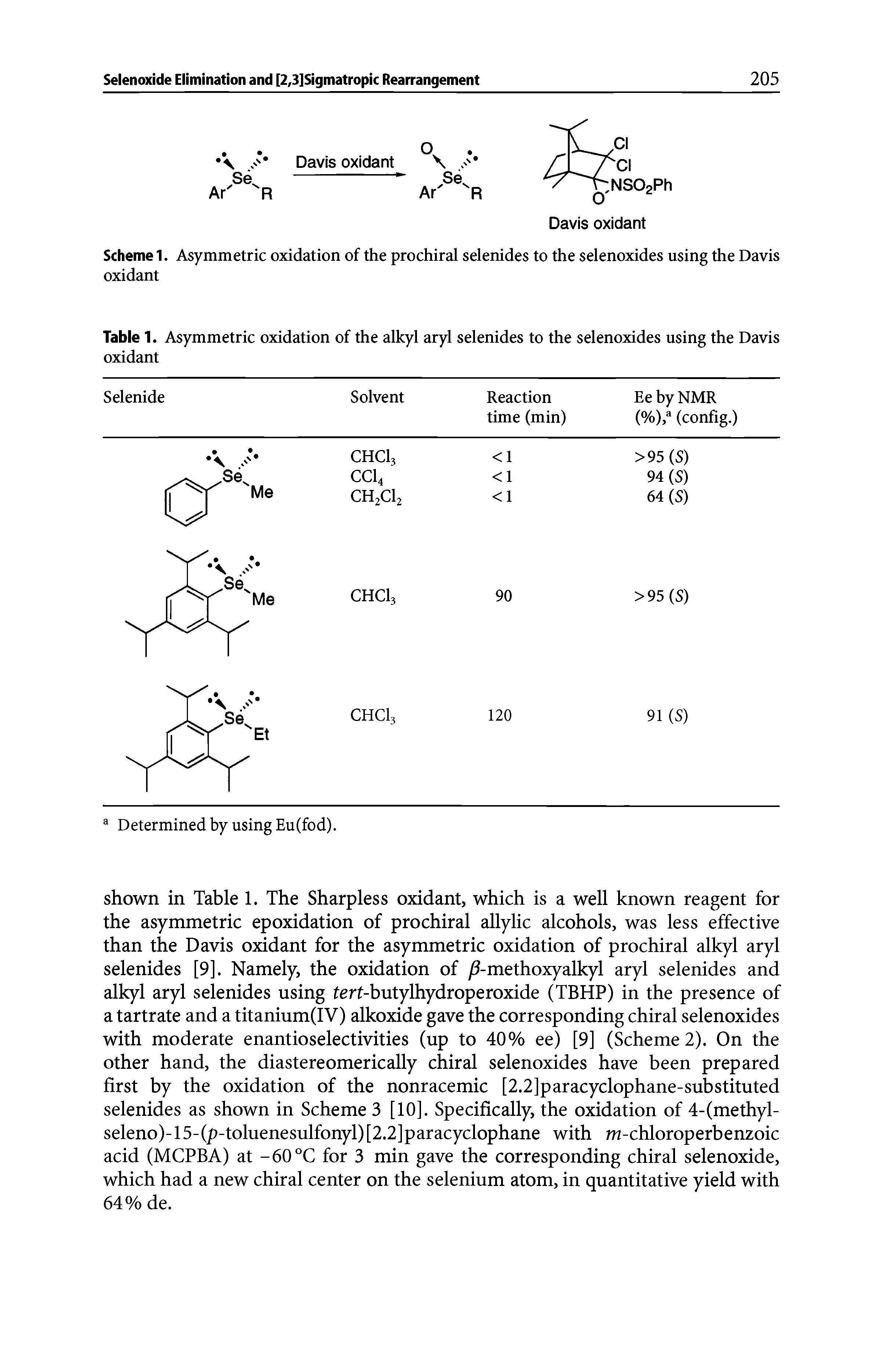 Scheme 1. Asymmetric oxidation of the prochiral selenides to the selenoxides using the Davis oxidant...