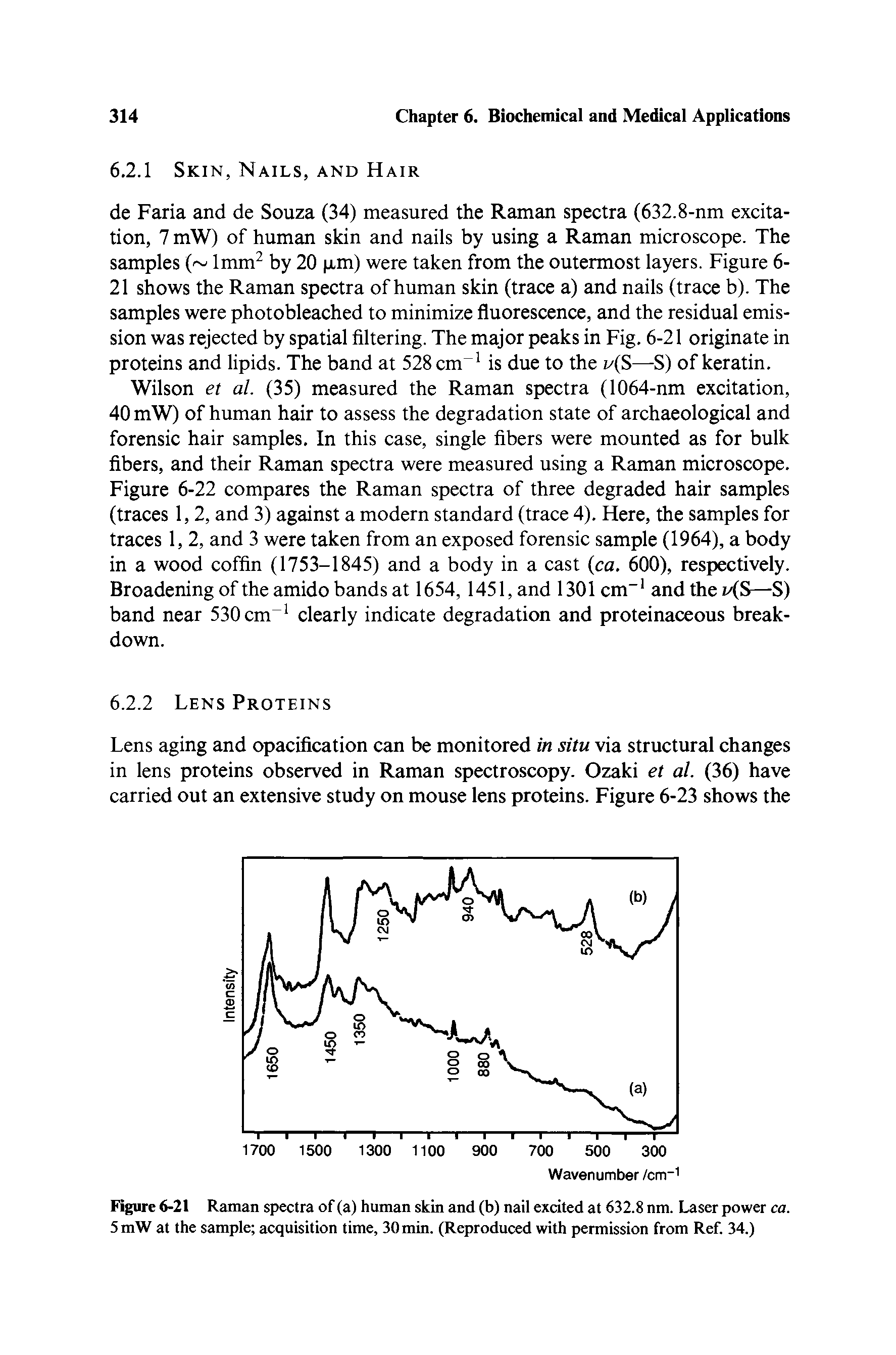 Figure 6-21 Raman spectra of (a) human skin and (b) nail excited at 632.8 nm. Laser power ca. 5mW at the sample acquisition time, 30 min. (Reproduced with permission from Ref. 34.)...