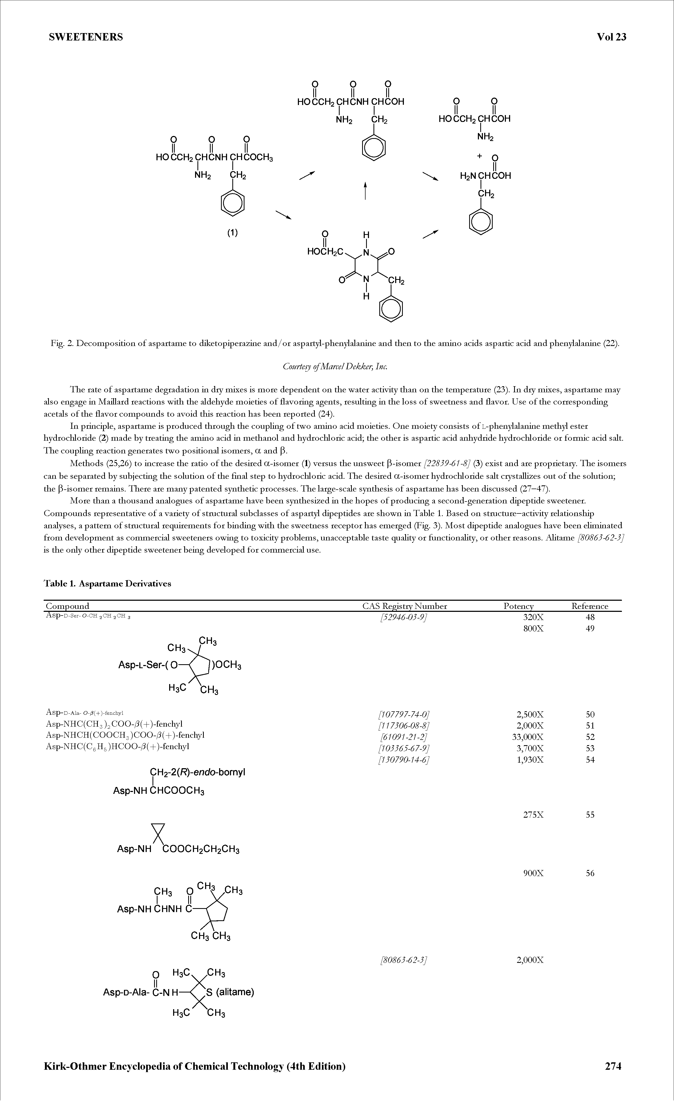 Fig. 2. Decomposition of aspartame to diketopipera2ine and/or aspartyl-phenylalanine and then to the amino acids aspartic acid and phenylalanine (22).