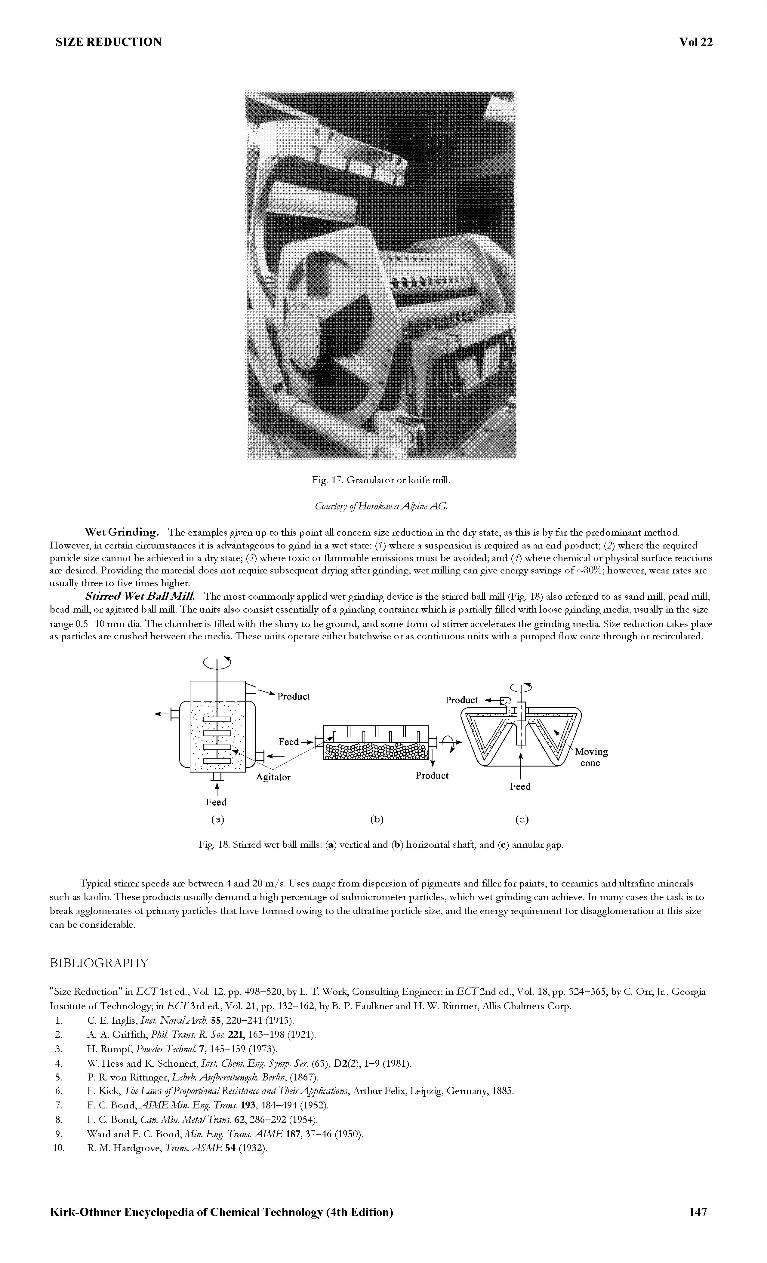 Fig. 18. Stirred wet ball mills (a) vertical and (b) horizontal shaft, and (c) annular gap.