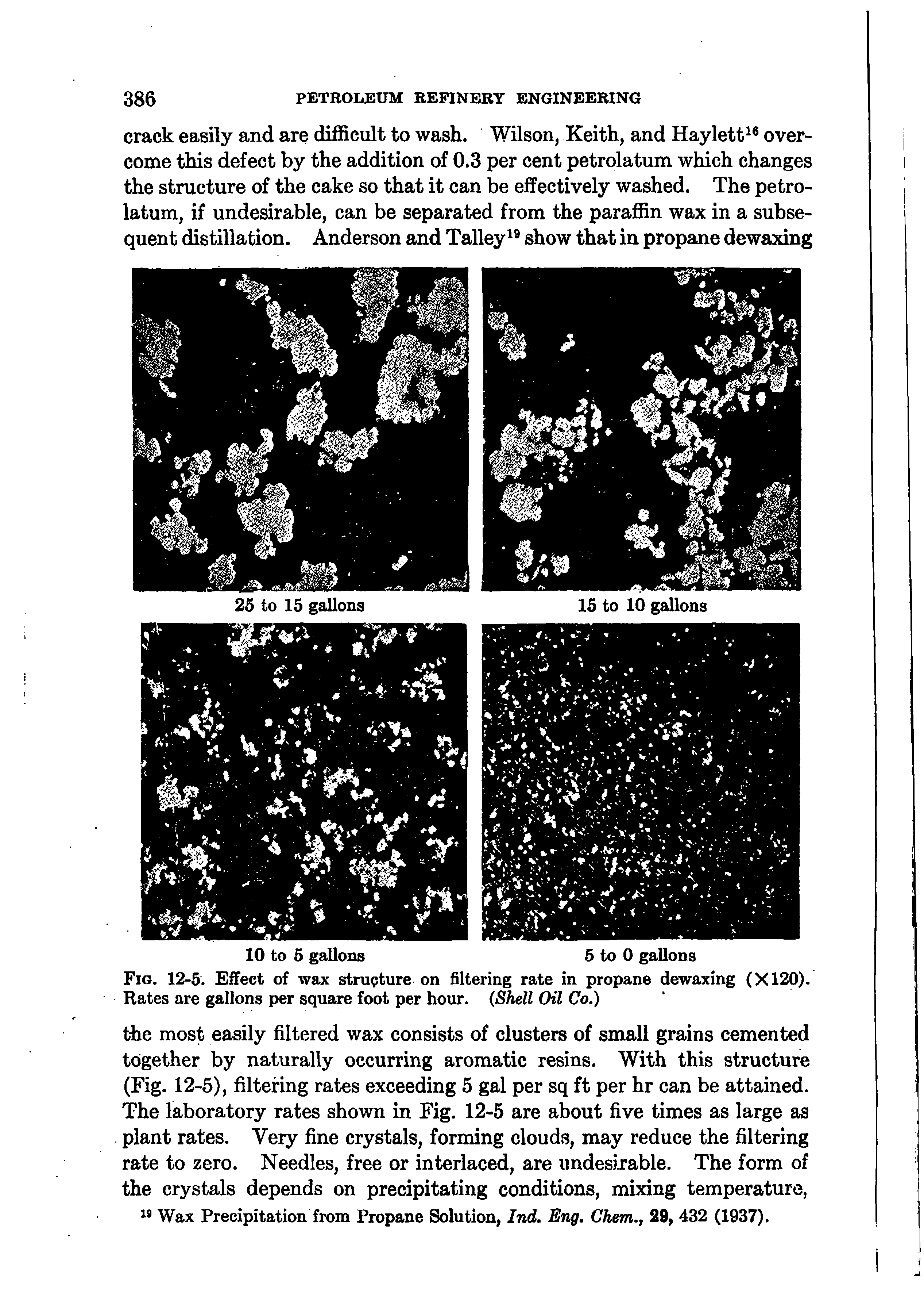 Fig. 12-5. Effect of wax structure on filtering rate in propane dewaxing (X120). Rates are gallons per square foot per hour. (Shell Oil Co.)...
