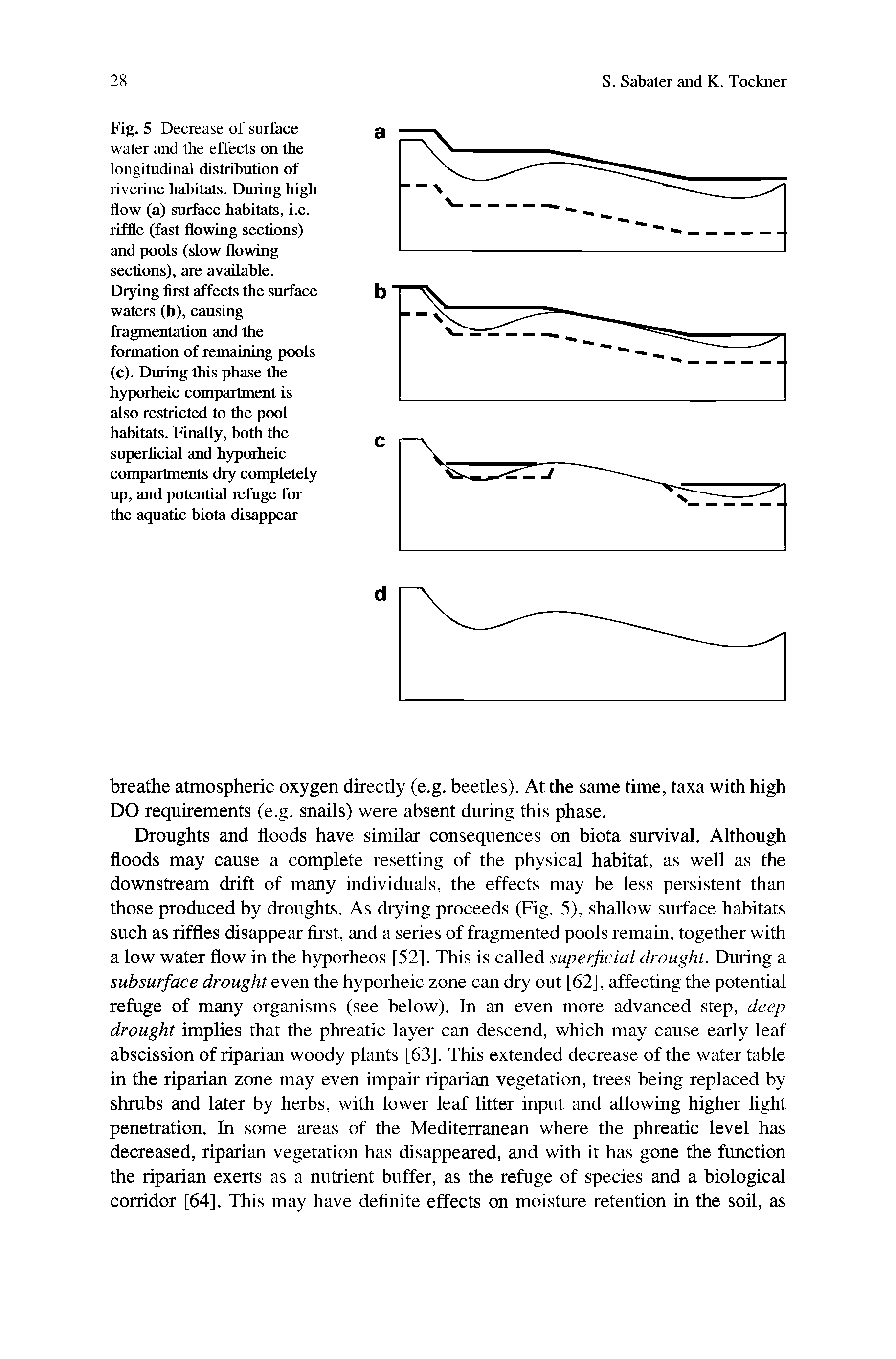 Fig. 5 Decrease of surface water and the effects on the longitudinal distribution of riverine habitats. During high flow (a) surface habitats, i.e. riffle (fast flowing sections) and pools (slow flowing sections), are available. Drying first affects the surface waters (b), causing fragmentation and the formation of remaining pools (c). During this phase the hyporheic compartment is also restricted to the pool habitats. Finally, both the superficial and hyporheic compartments dry completely up, and potential refuge for the aquatic biota disappear...