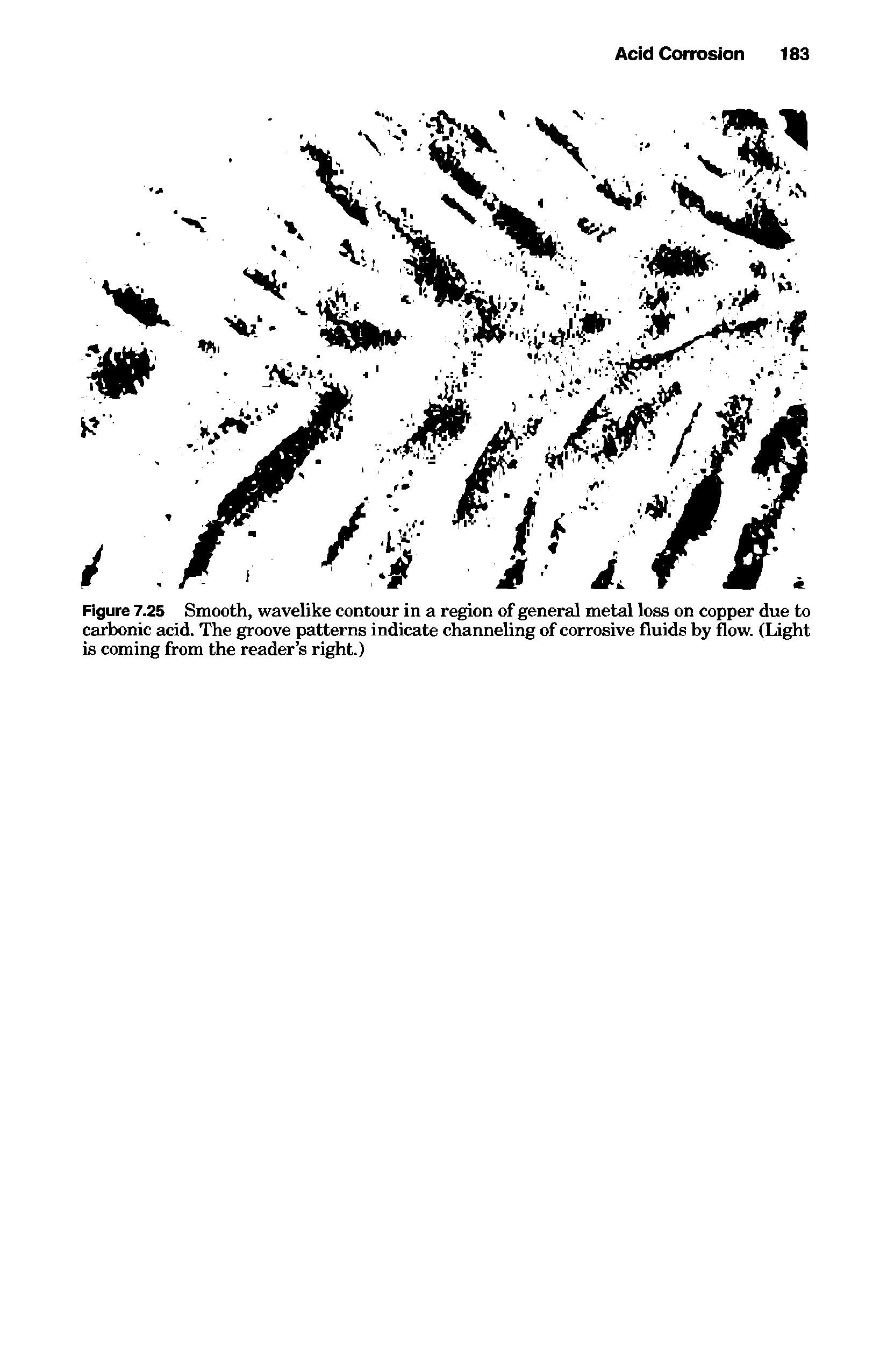 Figure 7.25 Smooth, wavelike contour in a region of general metal loss on copper due to carbonic acid. The groove patterns indicate channeling of corrosive fluids by flow. (Light is coming from the reader s right.)...