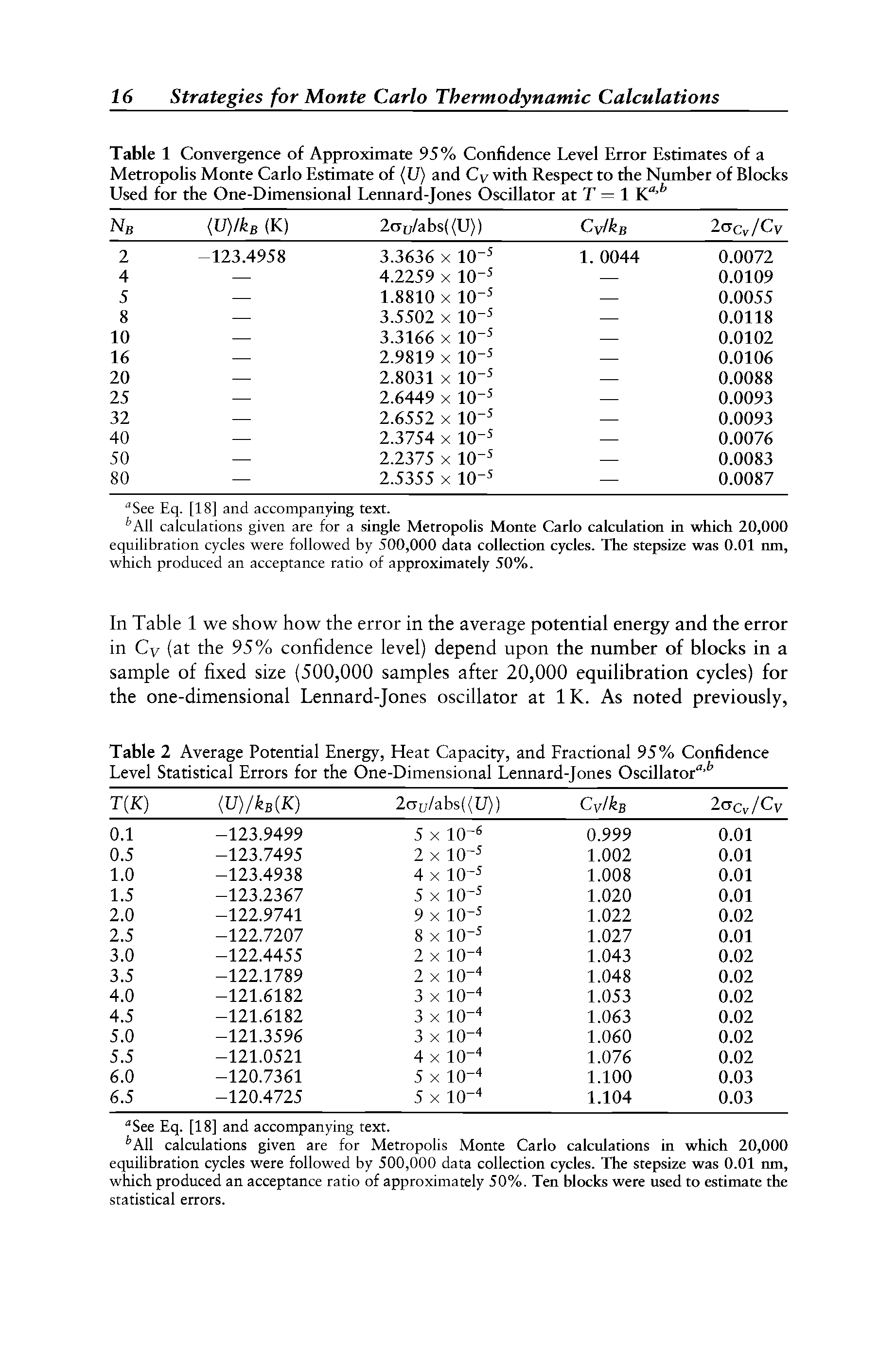 Table 2 Average Potential Energy, Heat Capacity, and Fractional 95% Confidence Level Statistical Errors for the One-Dimensional Lennard-Jones Oscillator ...