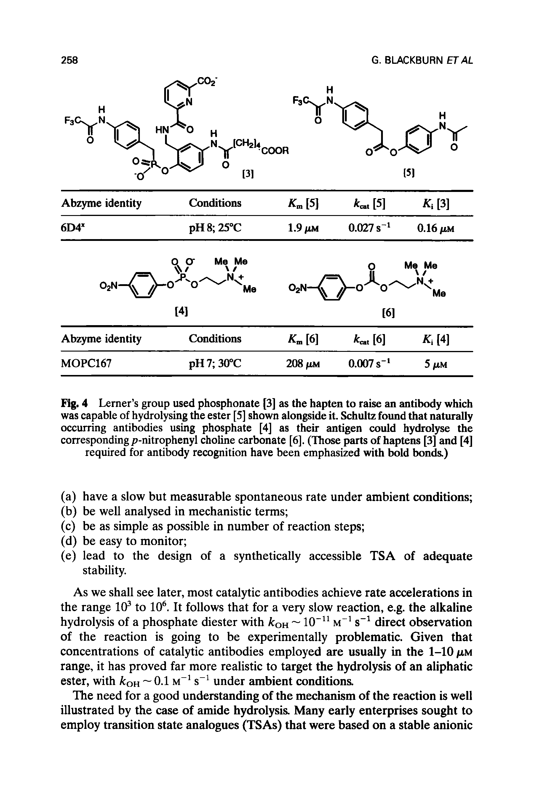 Fig. 4 Lerner s group used phosphonate [3] as the hapten to raise an antibody which was capable of hydrolysing the ester [5] shown alongside it. Schultz found that naturally occurring antibodies using phosphate [4] as their antigen could hydrolyse the corresponding p-nitrophenyl choline carbonate [6]. (Those parts of haptens [3] and [4] required for antibody recognition have been emphasized with bold bonds.)...