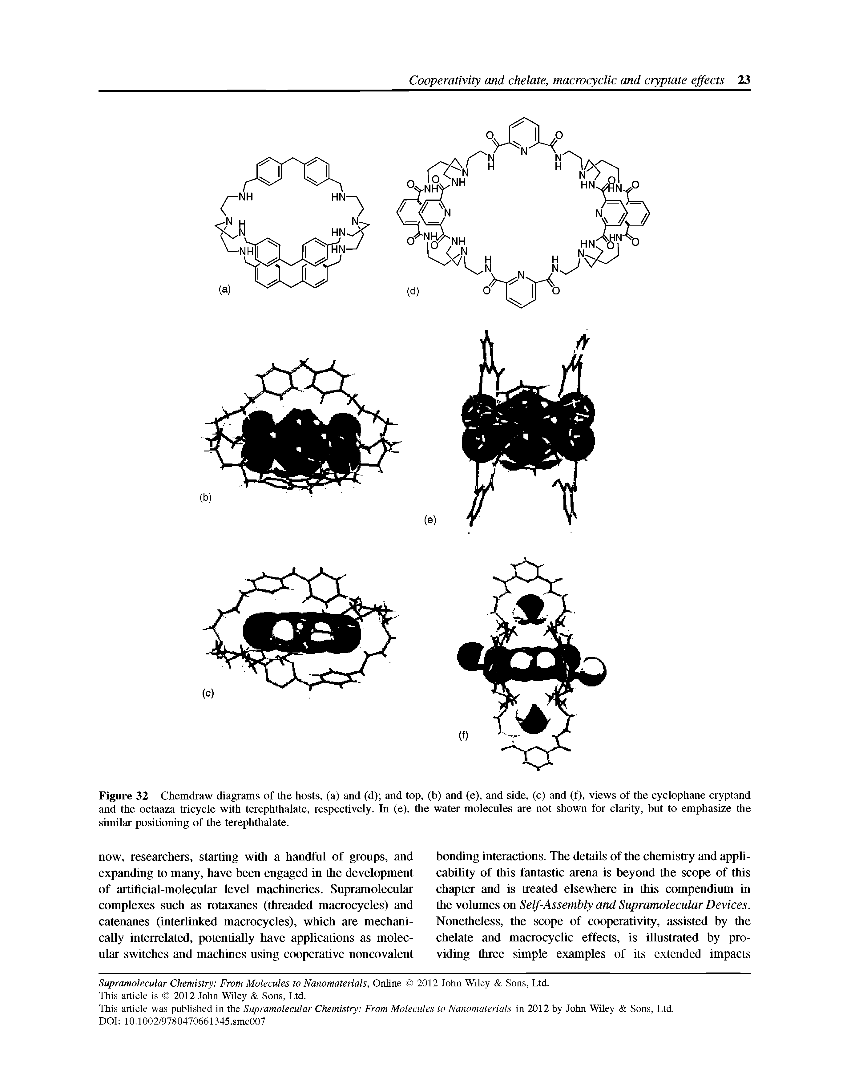 Figure 32 Chemdraw diagrams of the hosts, (a) and (d) and top, (b) and (e), and side, (c) and (f), views of the cyclophane cryptand and the octaaza tricycle with terephthalate, respectively. In (e), the water molecules are not shown for clarity, but to emphasize the similar positioning of the terephthalate.