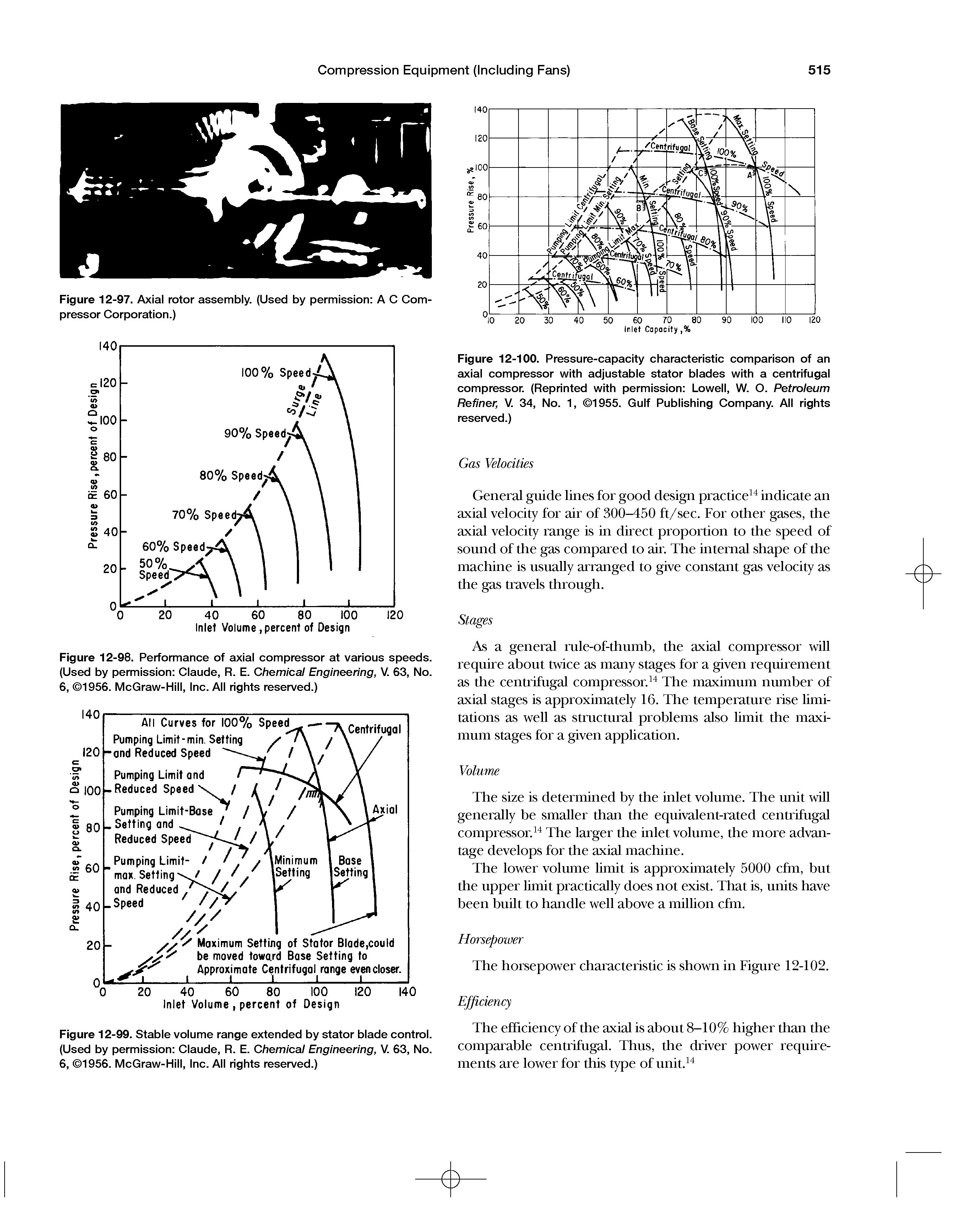 Figure 12-99. Stable volume range extended by stator blade control. (Used by permission Claude, R. E. Chemical Engineering, V. 63, No. 6, 1956. McGraw-Hill, Inc. All rights reserved.)...