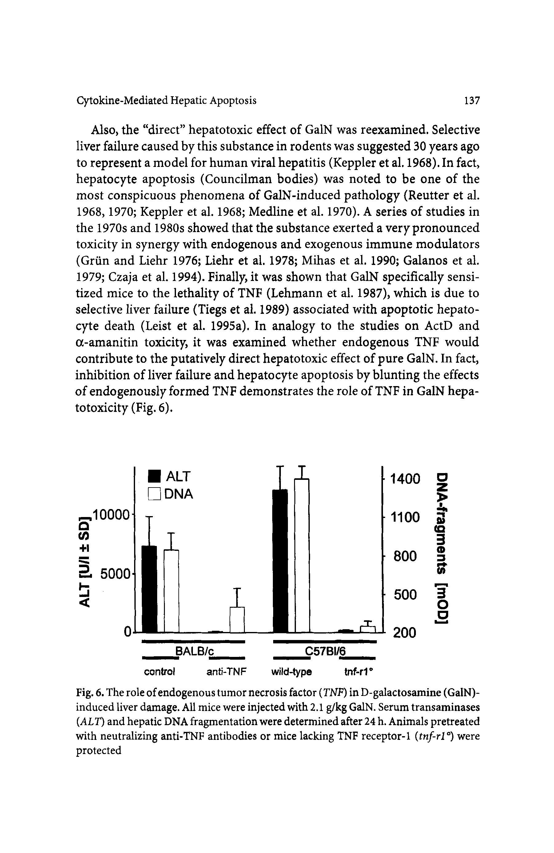 Fig. 6. The role of endogenous tumor necrosis factor TNF) in D-galactosamine (GalN)-induced liver damage. All mice were injected with 2.1 g/kg GalN. Serum transaminases ALT) and hepatic DNA fragmentation were determined after 24 h. Animals pretreated with neutralizing anti-TNF antibodies or mice lacking TNF receptor-1 tnf-rl°) were protected...