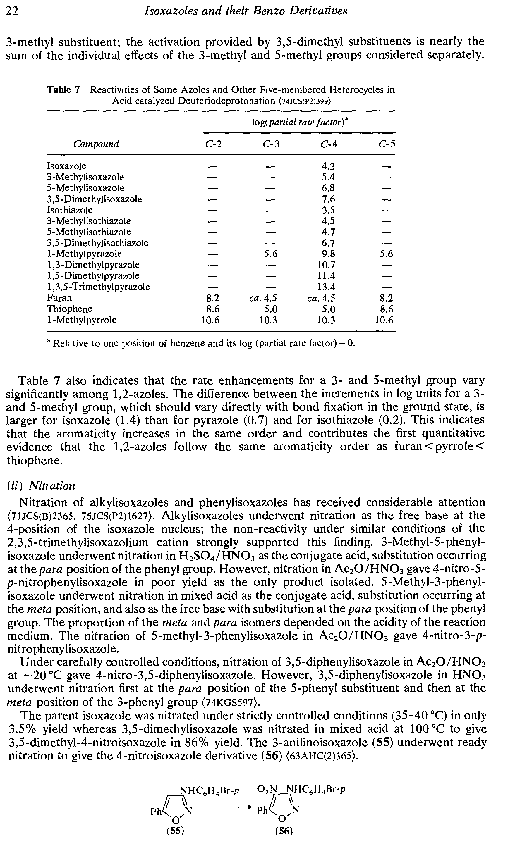 Table 7 Reactivities of Some Azoles and Other Five-membered Heterocyeles in Acid-catalyzed Deuteriodeprotonation <74jcs(P2)399>...