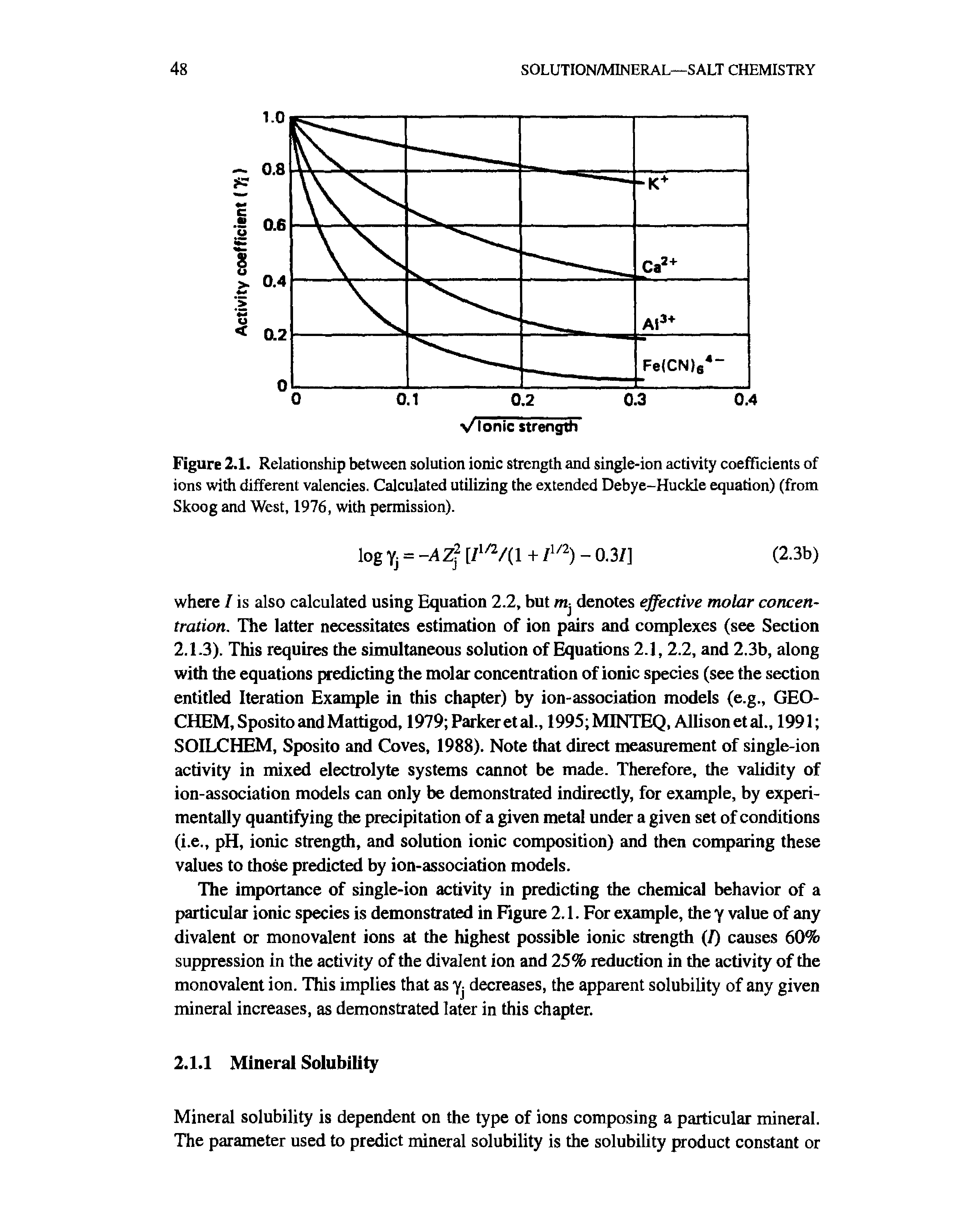 Figure 2.1. Relationship between solution ionic strength and single-ion activity coefficients of ions with different valencies. Calculated utilizing the extended Debye-Huckle equation) (from Skoog and West, 1976, with permission).