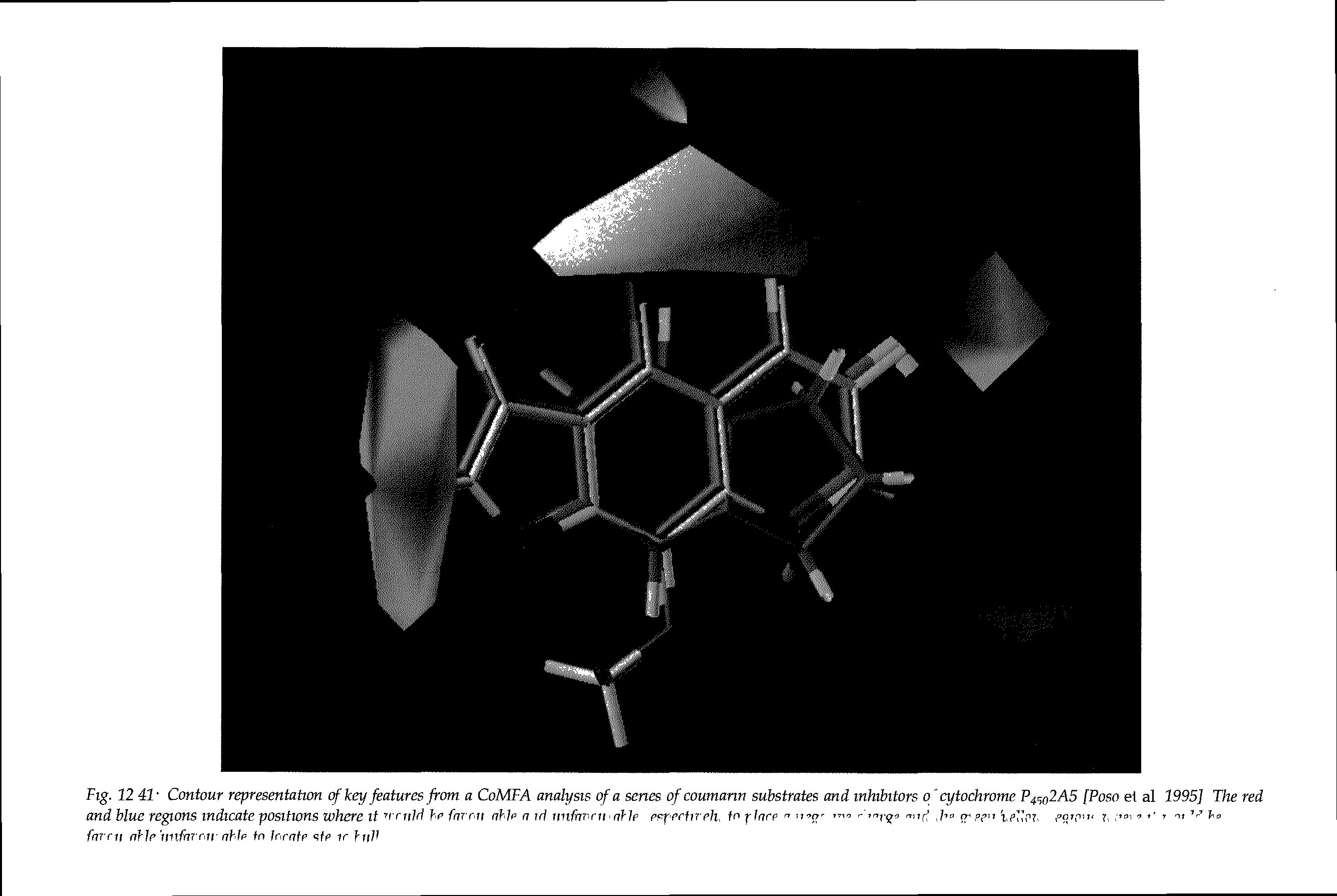 Fig. 12 41 Contour representation of key features from a CoMFA analysis of a senes of coumann substrates and inhibitors o cytochrome P glAS fPoso el al 1995] The red and blue regions indicate positions where it wnild he fnmi ahlp n id nnfnrnrnlle esperineh, fo place n p p , PfPgj, eo C - j. r k...