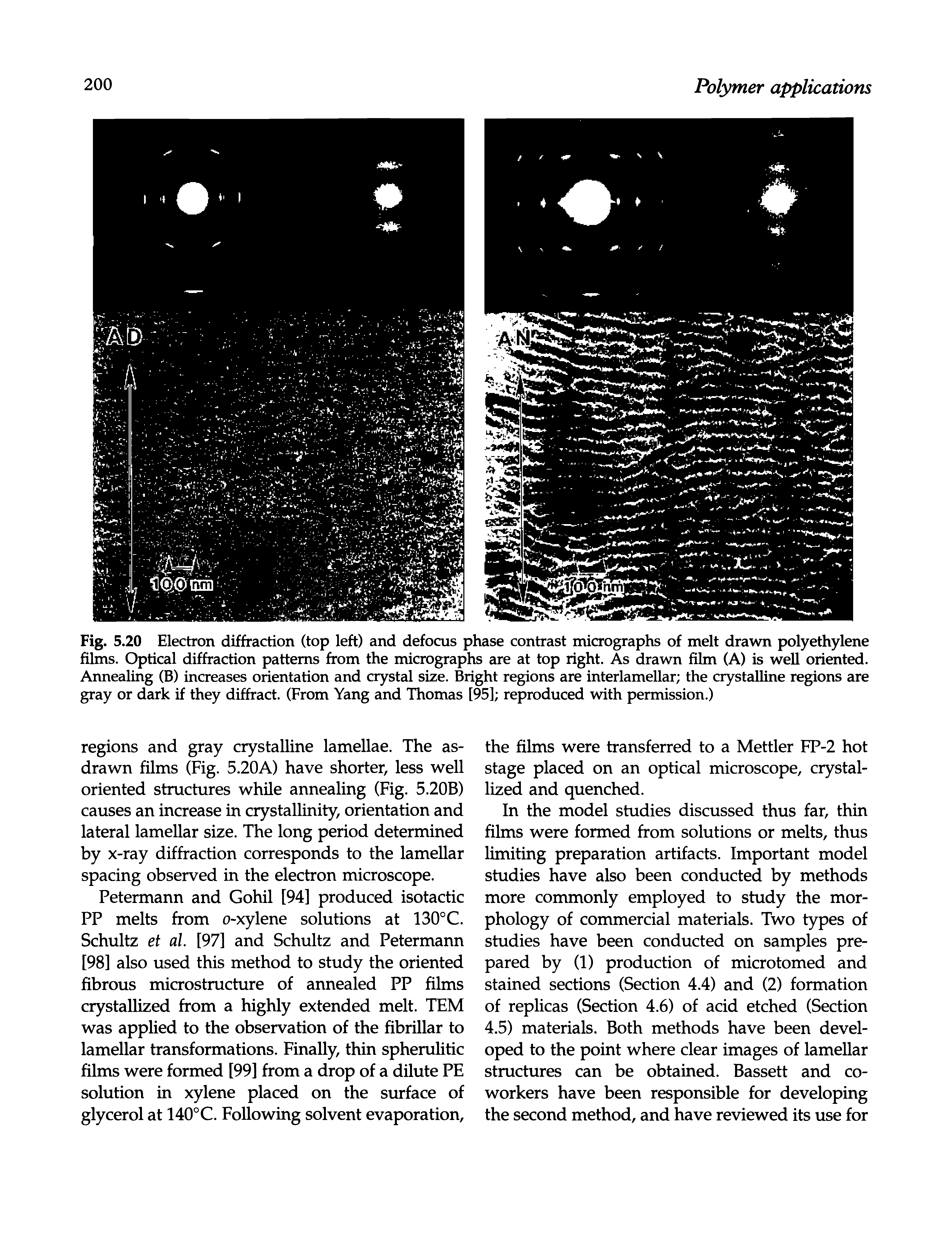 Fig. 5.20 Electron diffraction (top left) and defocus phase contrast micrographs of melt drawn polyethylene films. Optical diffraction patterns from the micrographs are at top right. As drawn film (A) is well oriented. Annealing (B) increases orientation and crystal size. Bright regions are interlamellar the crystalline regions are gray or dark if they diffract. (From Yang and Thomas [95] reproduced with permission.)...