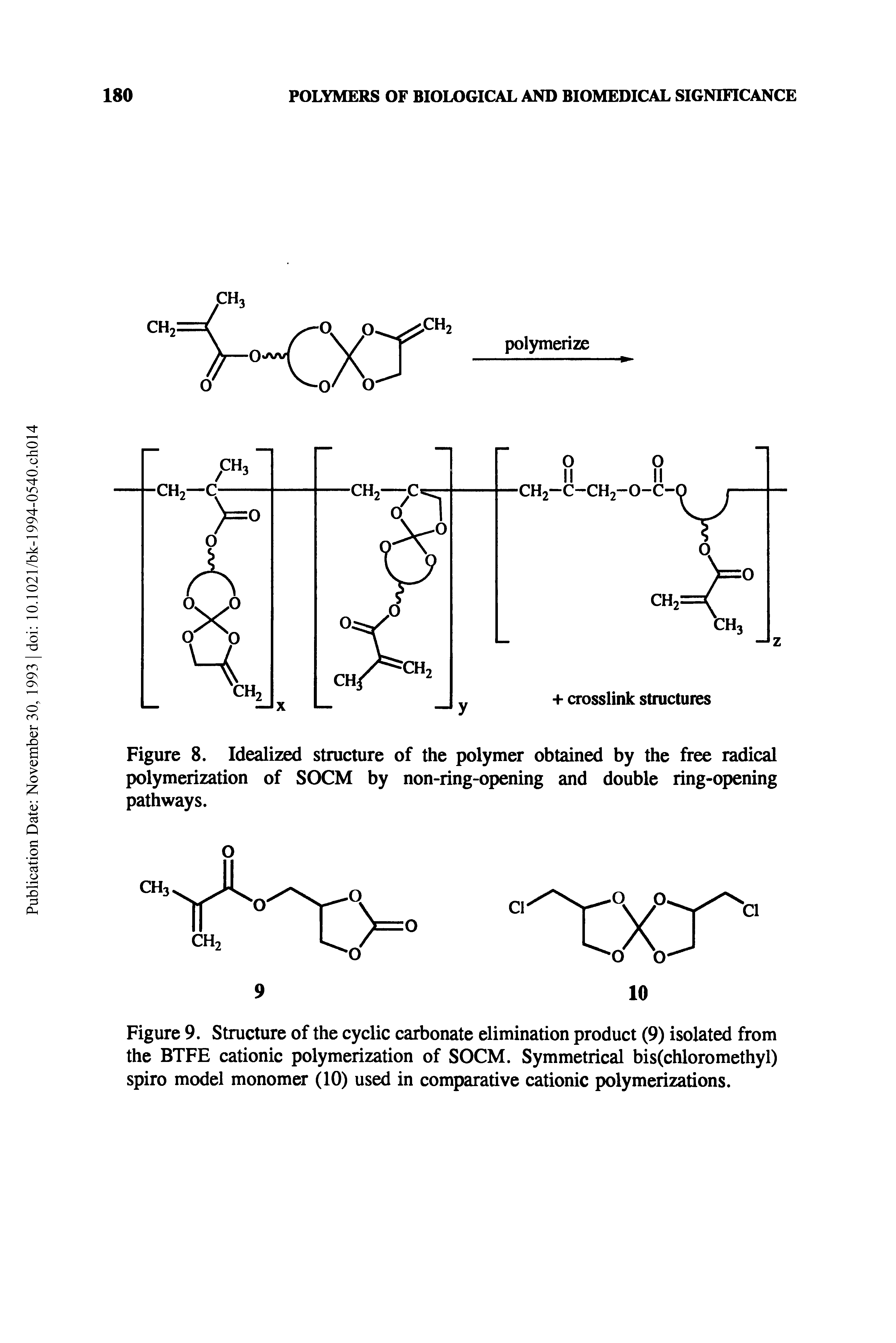 Figure 9. Structure of the cyclic carbonate elimination product (9) isolated from the BTFE cationic polymerization of SOCM. Symmetrical bis(chloromethyl) spiro model monomer (10) used in comparative cationic polymerizations.