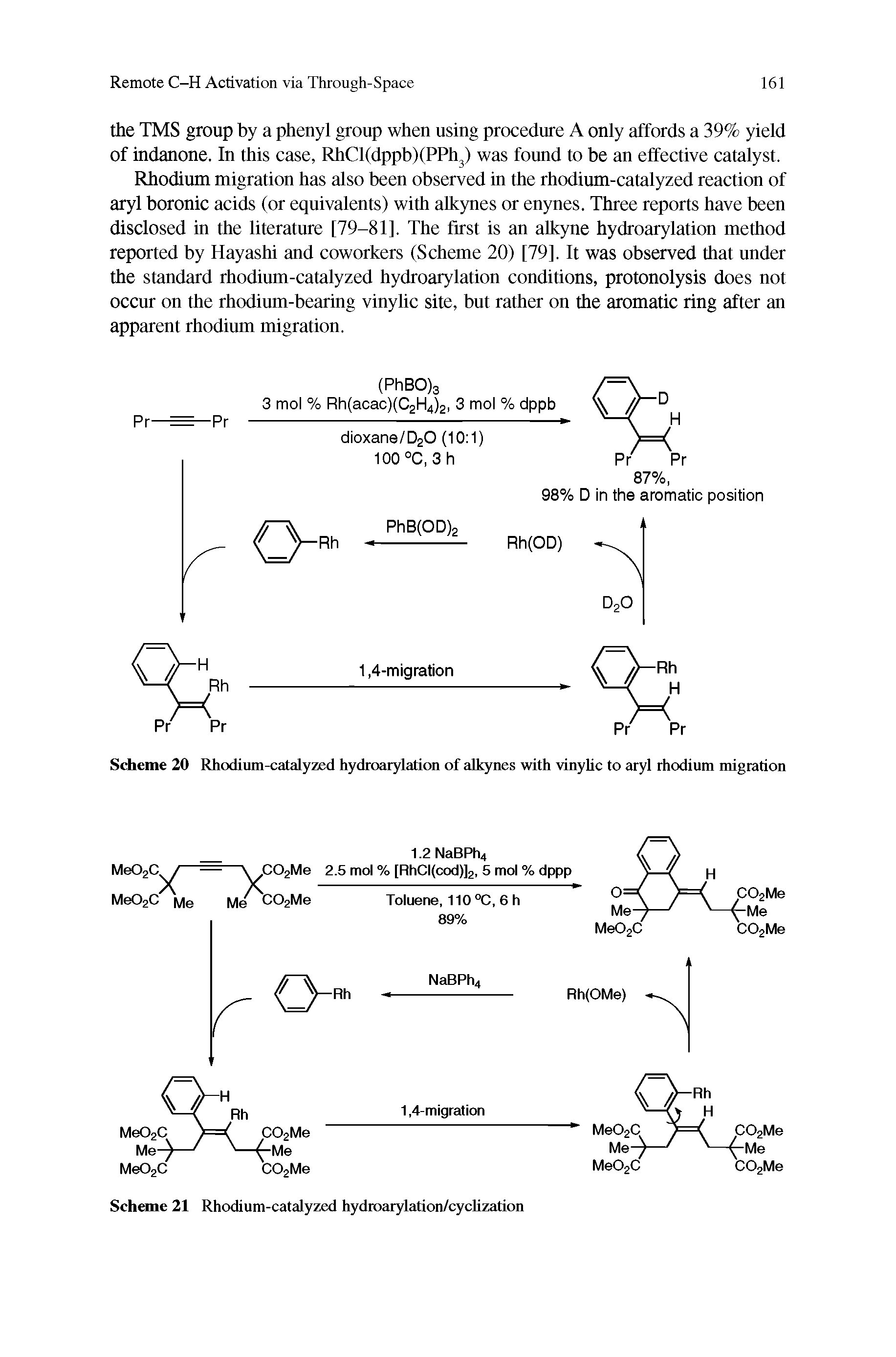 Scheme 20 Rhodium-catalyzed hydroarylation of alkynes with vinylic to aryl rhodium migration...