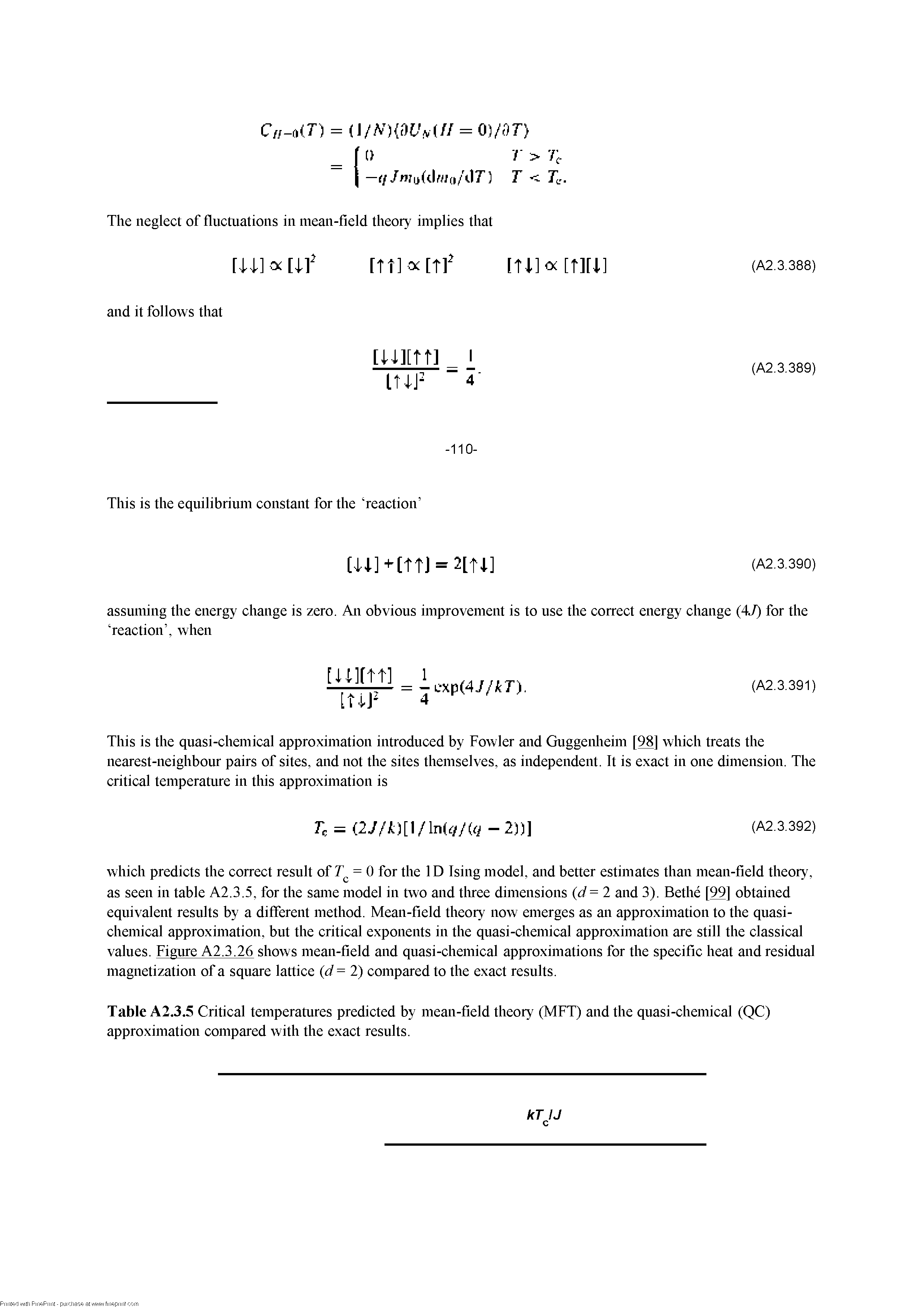 Table A2.3.5 Critical temperatures predicted by mean-field theory (MFT) and the quasi-chemical (QC) approximation compared with the exact results.