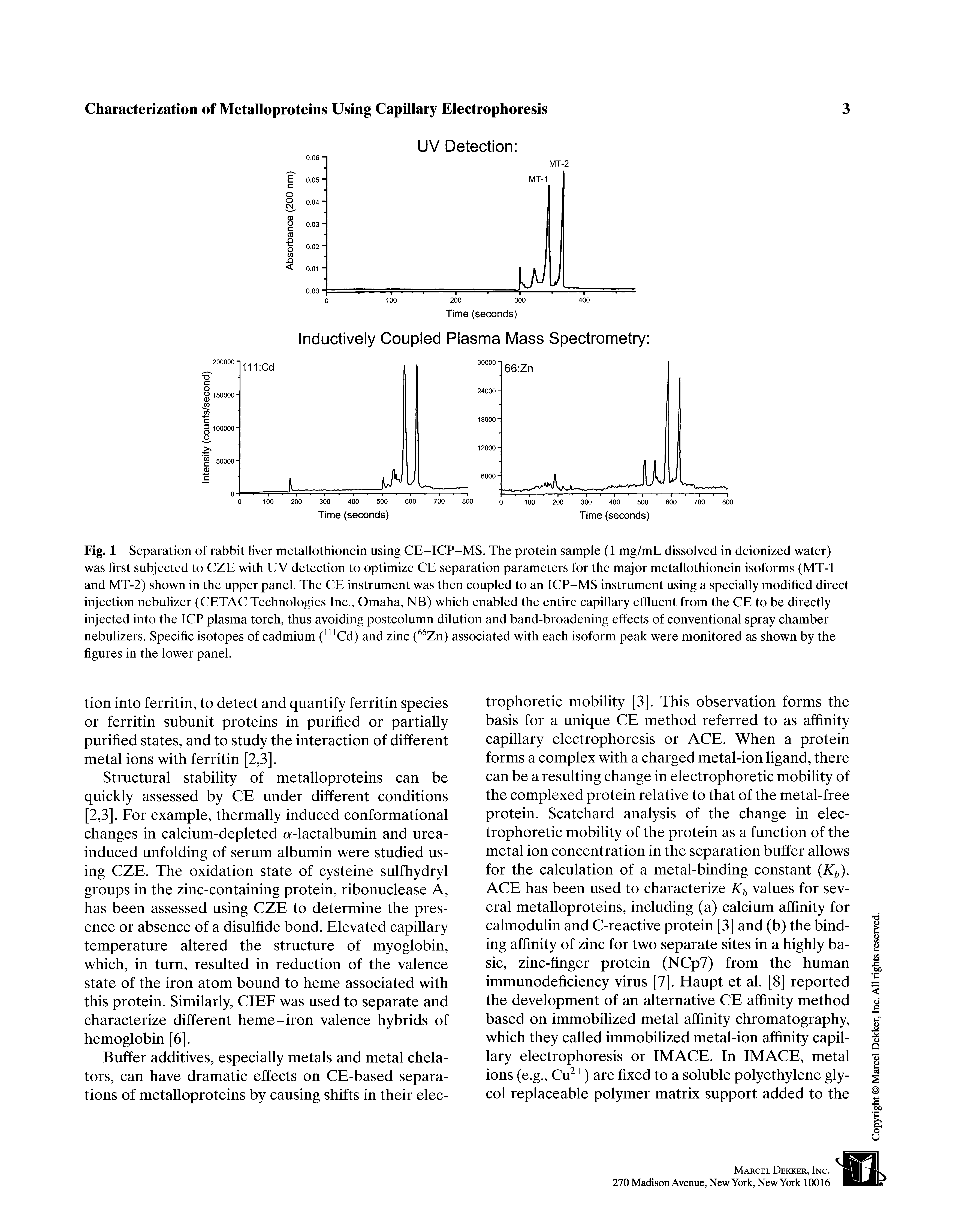 Fig. 1 Separation of rabbit liver metallothionein using CE-ICP-MS. The protein sample (1 mg/mL dissolved in deionized water) was first subjeeted to CZE with UV detection to optimize CE separation parameters for the major metallothionein isoforms (MT-1 and MT-2) shown in the upper panel. The CE instrument was then coupled to an ICP-MS instrument using a specially modified direct injection nebulizer (CETAC Technologies Inc., Omaha, NB) which enabled the entire capillary effluent from the CE to be directly injected into the ICP plasma torch, thus avoiding postcolumn dilution and band-broadening effects of conventional spray chamber nebulizers. Specific isotopes of cadmium ( Cd) and zinc ( Zn) associated with each isoform peak were monitored as shown by the figures in the lower panel.