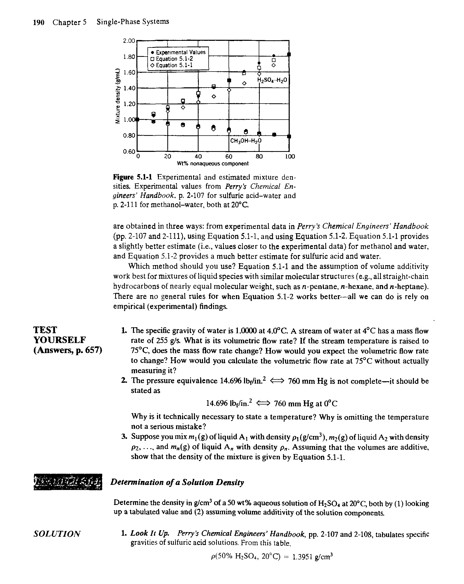 Figure 5.1-1 Experimental and estimated mixture densities. Experimental values from Perry s Chemical Engineers Handbook, p. 2-107 for sulfuric acid-water and p. 2-111 for methanol-water, both at 20°C.