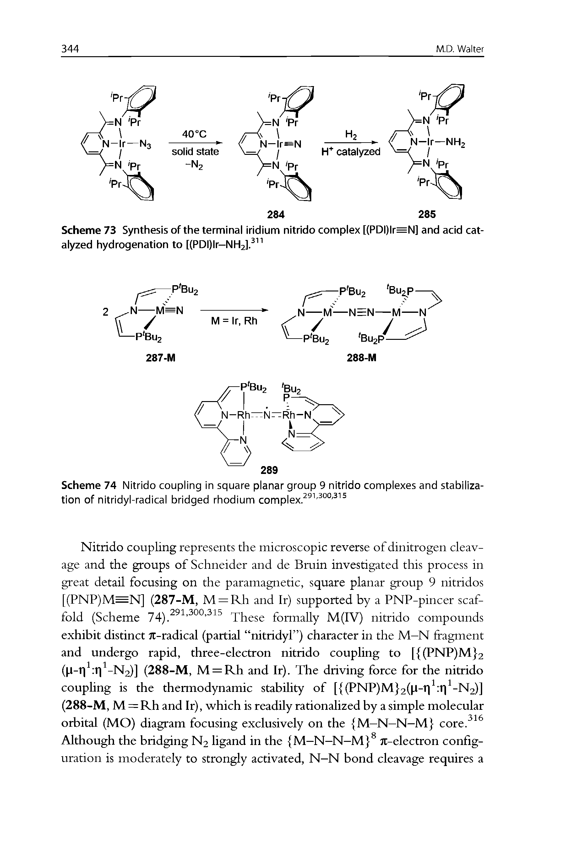 Scheme 73 Synthesis of the terminal iridium nitrido complex [(PDI)lr=N] and acid catalyzed hydrogenation to [(PDI)lr—...