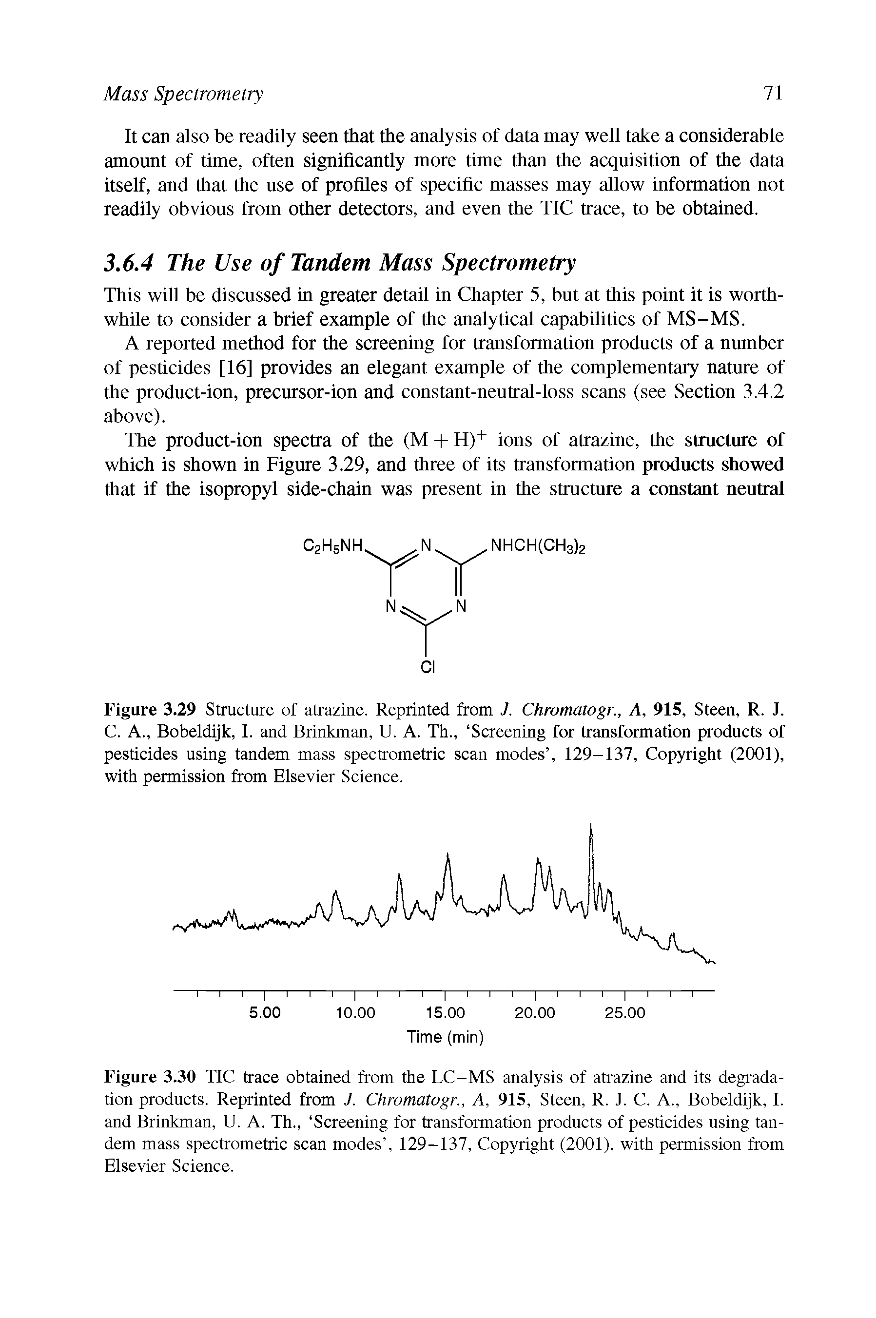 Figure 3.29 Structure of atrazine. Reprinted from J. Chromatogr., A, 915, Steen, R. J. C. A., Bobeldijk, I. and Brinkman, U. A. Th., Screening for transformation products of pesticides using tandem mass spectrometric scan modes , 129-137, Copyright (2001), with permission from Elsevier Science.