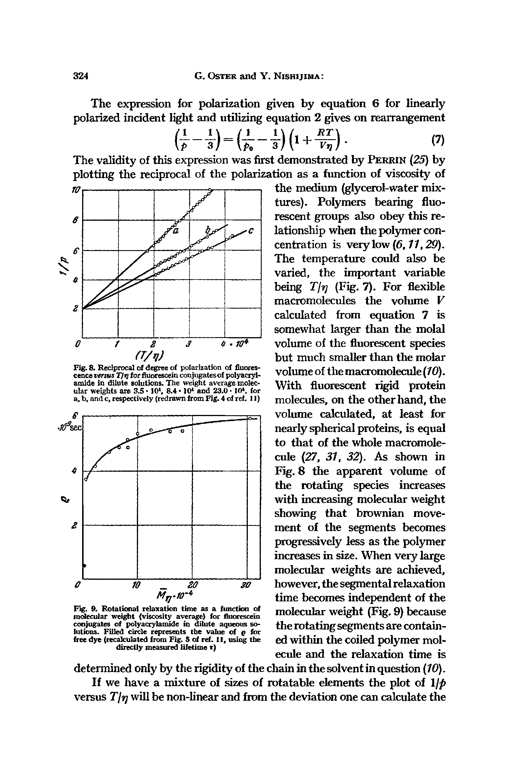 Fig. 8. Reciprocal of degree of polarization of fluorescence versus T/rj for fluorescein conjugates of polyacrylamide in dilute solutions. The weight average molecular weights are 3.5 10 8.4 10 and 23.0 10. for a, b, and c, respectively (redrawn from Fig. 4 of ref. 11)...