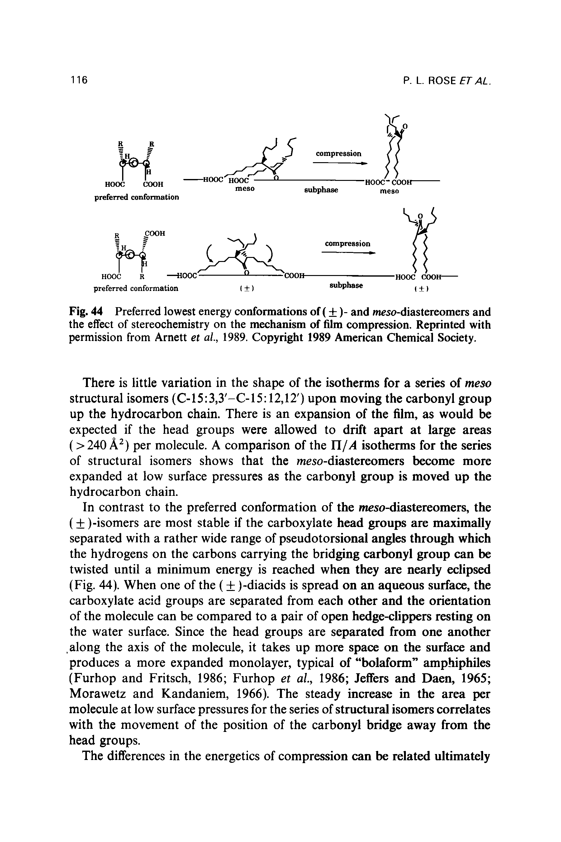 Fig. 44 Preferred lowest energy conformations of (+)- and meso-diastereomers and the effect of stereochemistry on the mechanism of film compression. Reprinted with permission from Arnett et al., 1989. Copyright 1989 American Chemical Society.