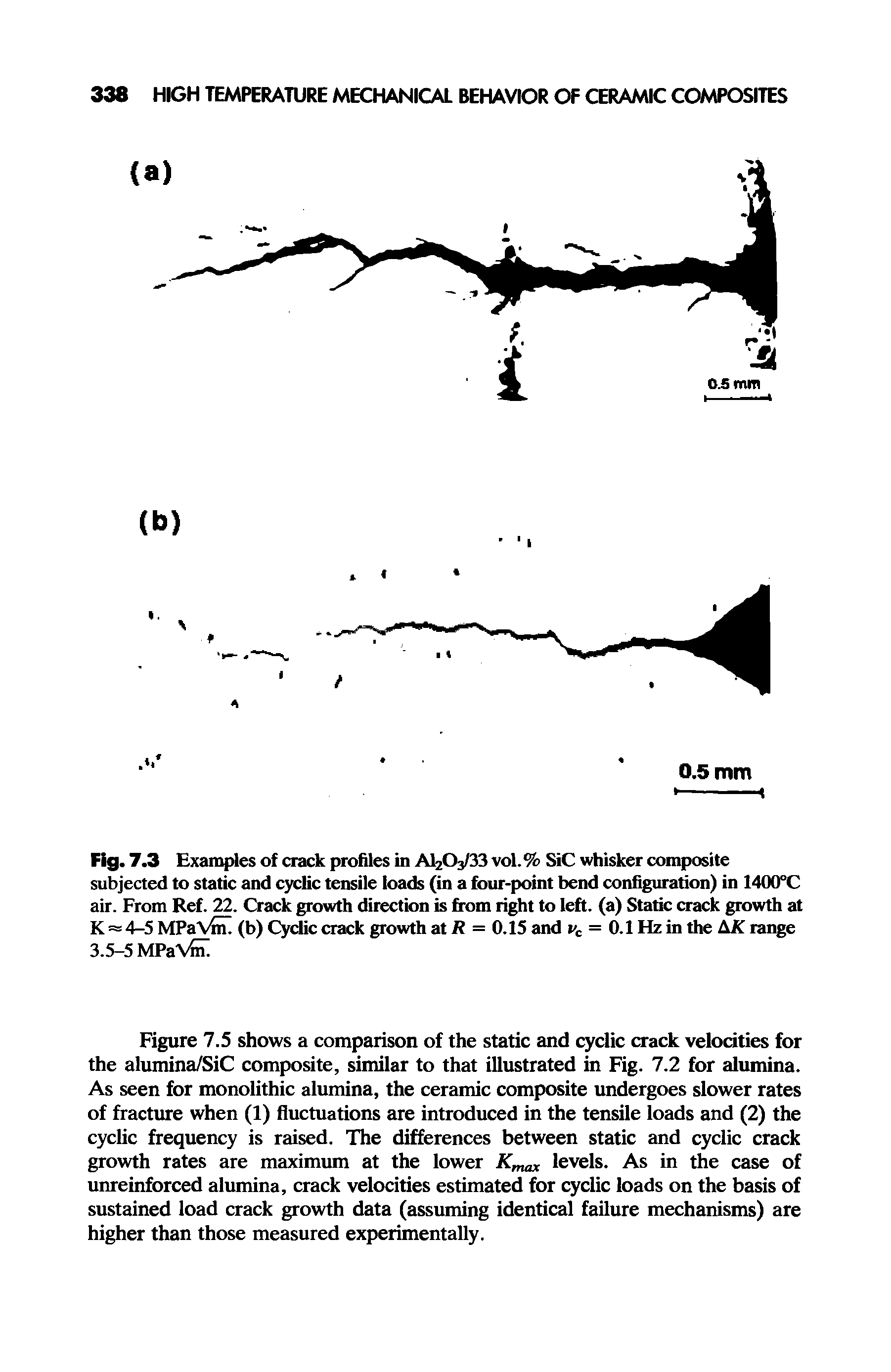 Fig. 7.3 Examples of crack profiles in AI2O3/33 vol.% SiC whisker composite subjected to static and cyclic tensile loads (in a four-point bend configuration) in 1400°C air. From Ref. 22. Crack growth direction is from right to left, (a) Static crack growth at K 4-5 MPaVnT (b) Cyclic crack growth at R = 0.15 and vc = 0.1 Hz in the AK range 3.5-5 MPaVfiT...
