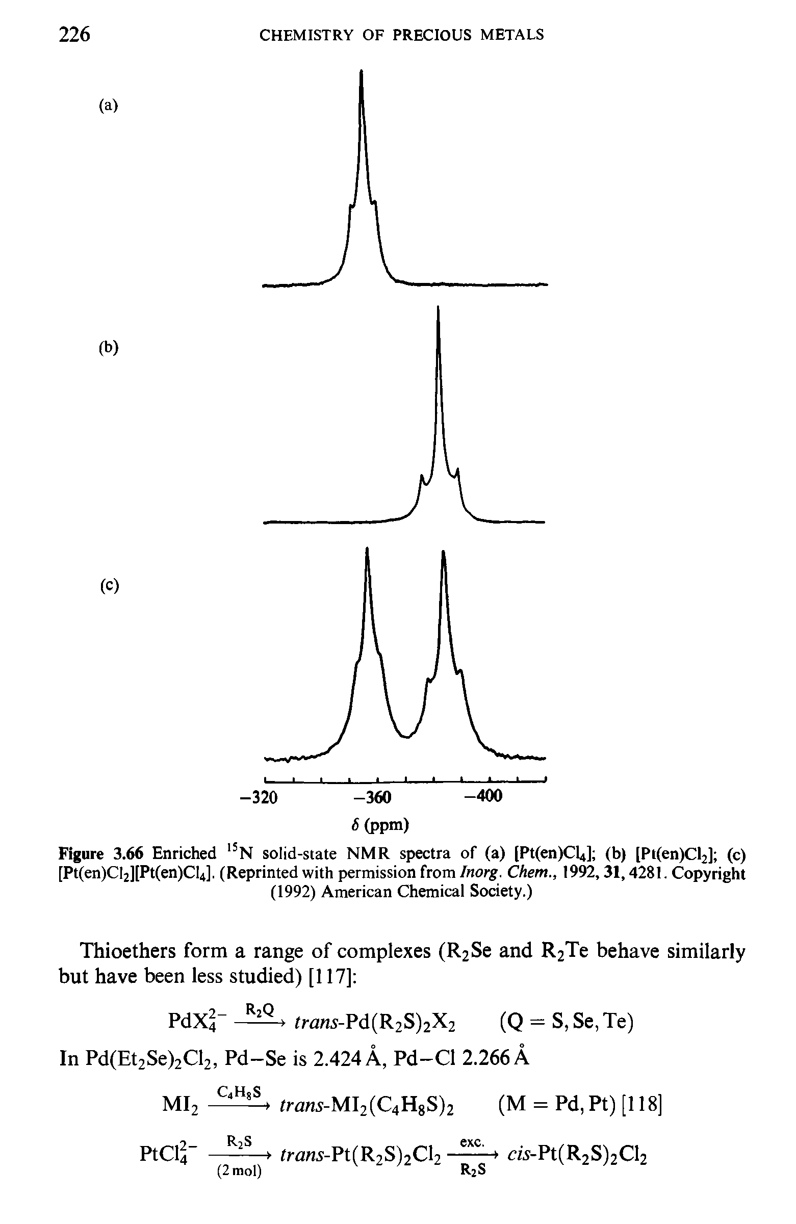 Figure 3.66 Enriched 1SN solid-state NMR spectra of (a) [Pt(en)Cl4] (b) [Pt(en)Cl2] (c) [Pt(en)Cl2][Pt(en)Cl4]. (Reprinted with permission from Inorg. Chem., 1992,31,4281. Copyright (1992) American Chemical Society.)...