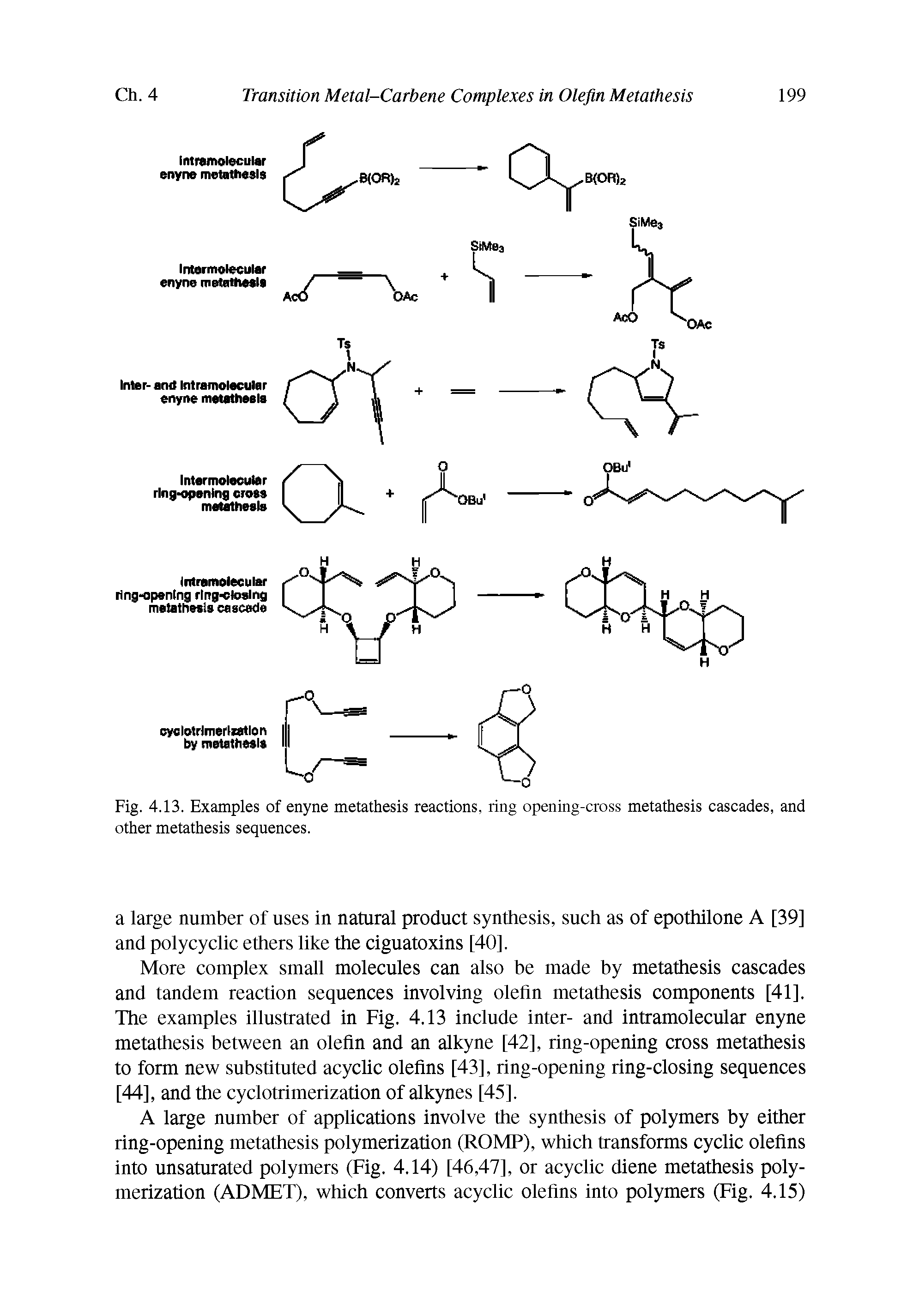 Fig. 4.13. Examples of enyne metathesis reactions, ring opening-cross metathesis cascades, and other metathesis sequences.