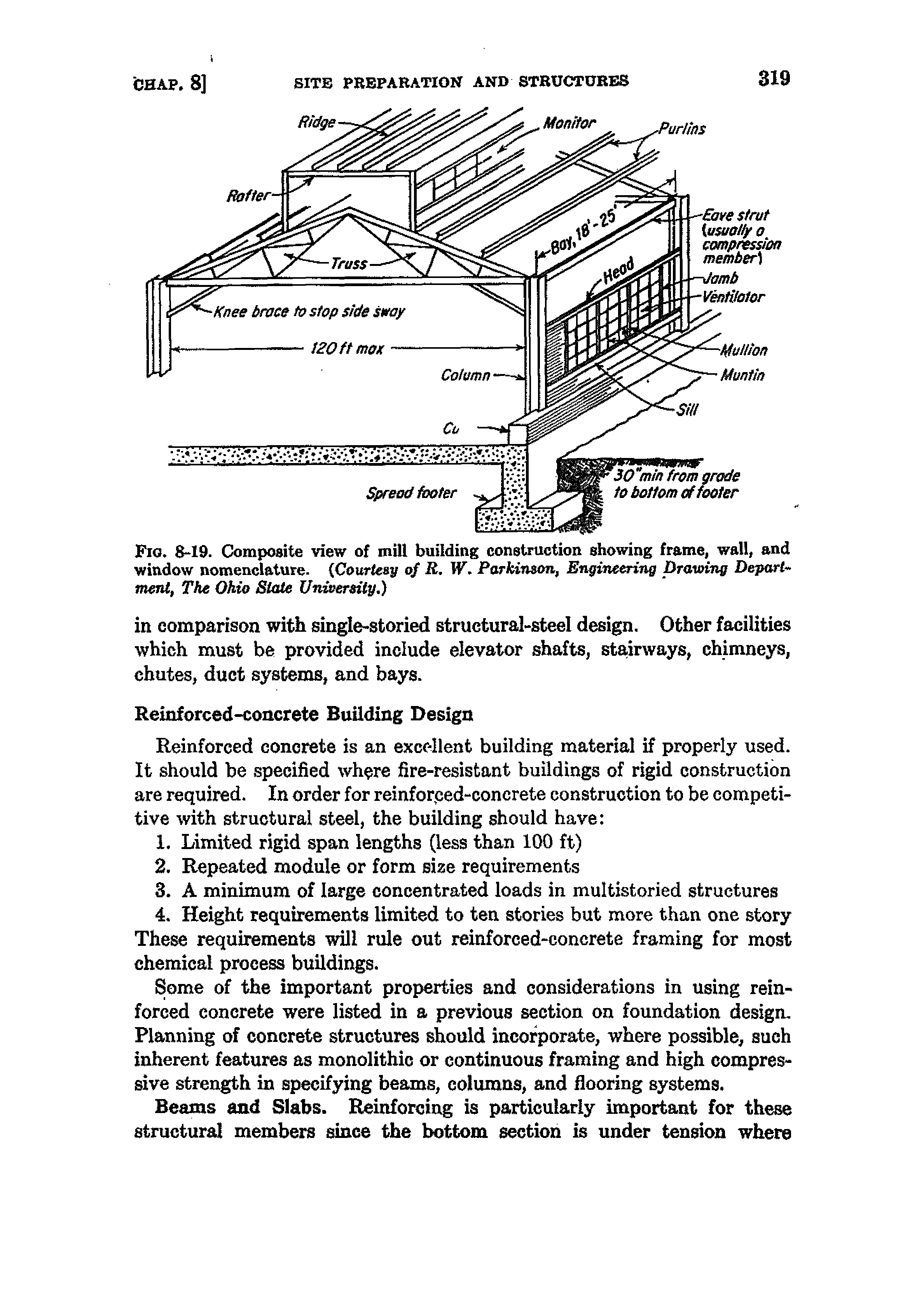 Fig. 8-19. Composite view of mill building construction showing frame, wall, and window nomenclature. Courtesy of R, W, Parkinson, Engineering Drawing Departs ment, The Ohio Stale Unioersity.)...