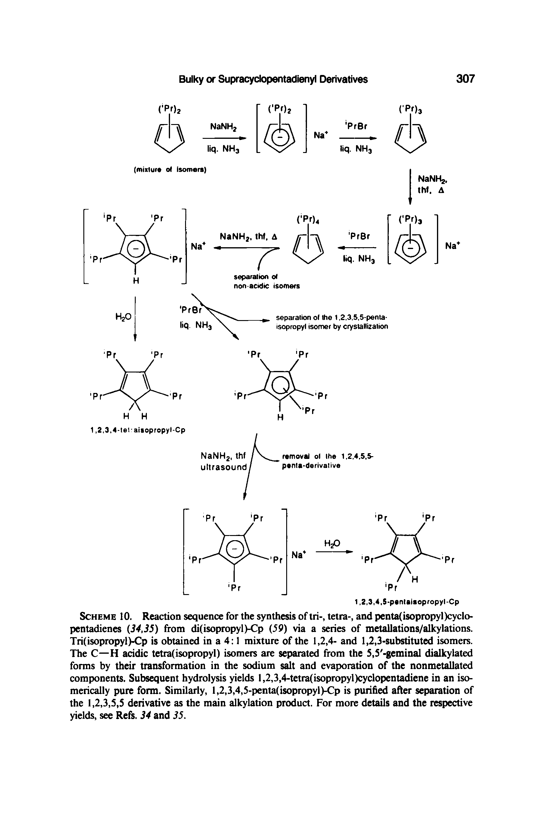 Scheme 10. Reaction sequence for the synthesis of tri-, tetra-, and penta(isopropyl)cyclo-pentadienes (34,35) from di(isopropyl)-Cp (59) via a series of metallations/alkylations. Tri(isopropyl)-Cp is obtained in a 4 1 mixture of the 1,2,4- and 1,2,3-substituted isomers. The C—H acidic tetra(isopropyl) isomers are separated from the 5,5 -geminal dialkylated forms by their transformation in the sodium salt and evaporation of the nonmetallated components. Subsequent hydrolysis yields l,2,3,4-tetra(isopropyl)cyclopentadiene in an iso-merically pure form. Similarly, l,2,3,4,5-penta(isopropyl)-Cp is purified after separation of the 1,2,3,S,5 derivative as the main alkylation product. For more details and the respective yields, see Refs. 34 and 35.