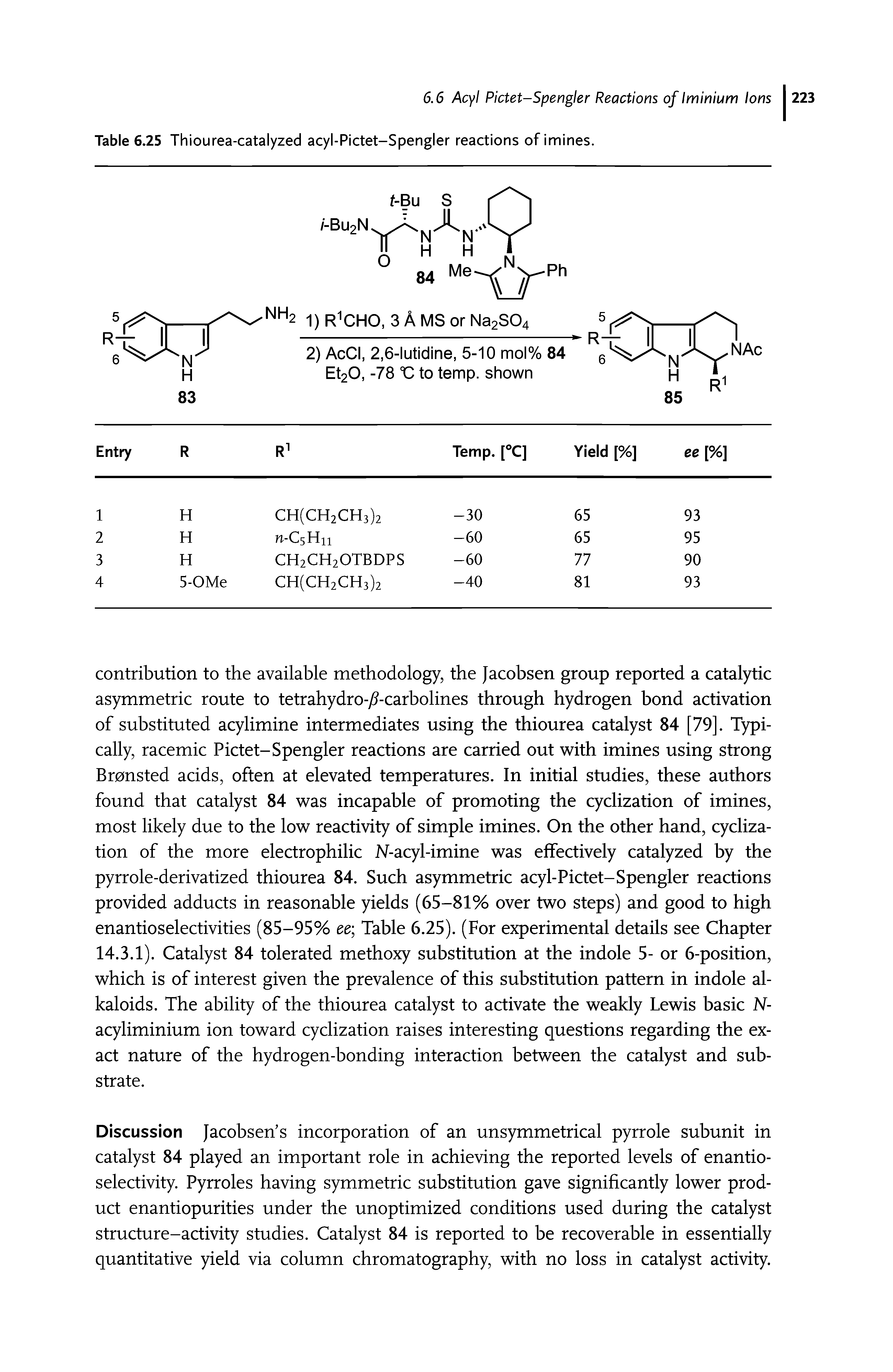 Table 6.25 Thiourea-catalyzed acyl-Pictet-Spengler reactions of imines.