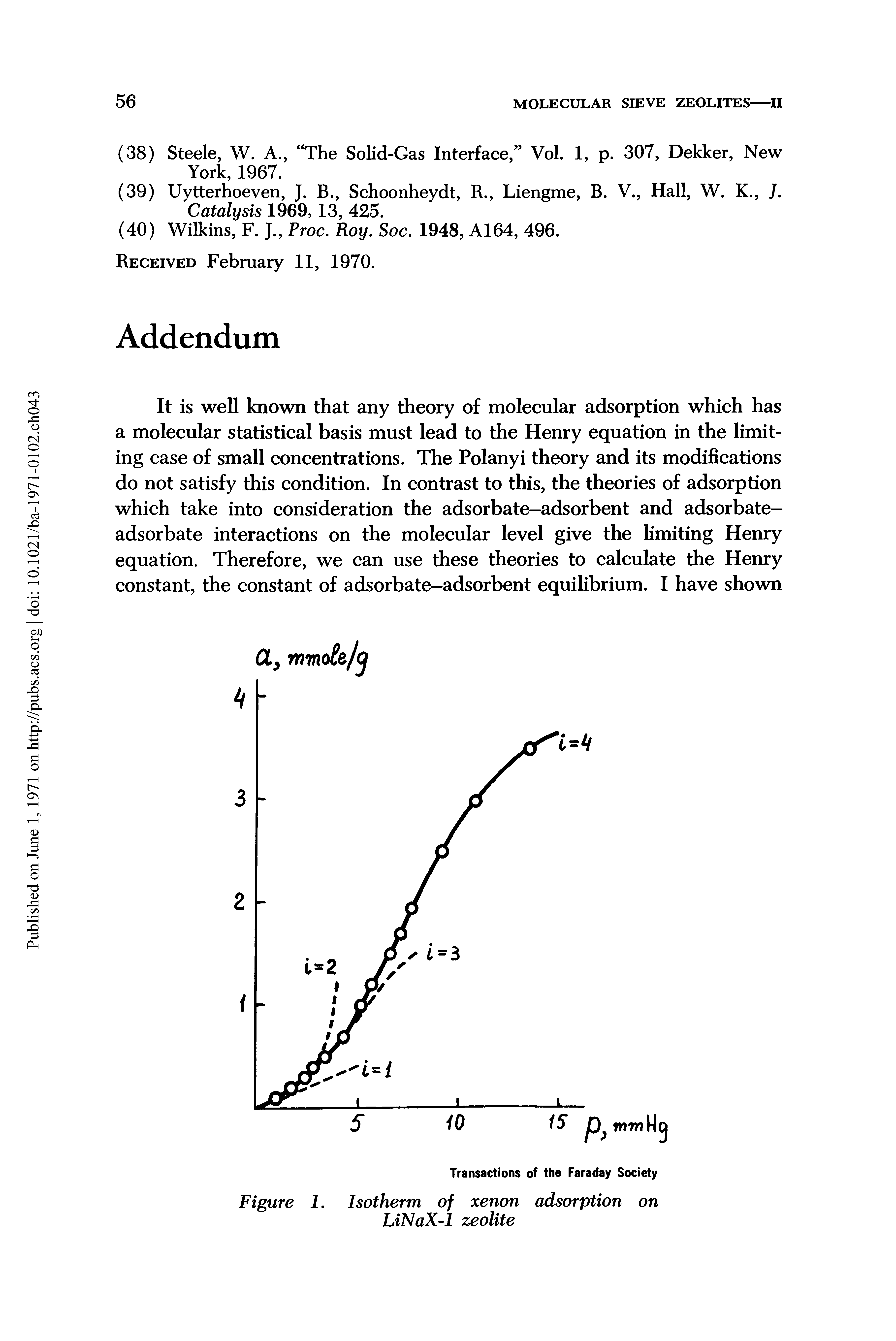 Figure 1. Isotherm of xenon adsorption on LiNaX-1 zeolite...