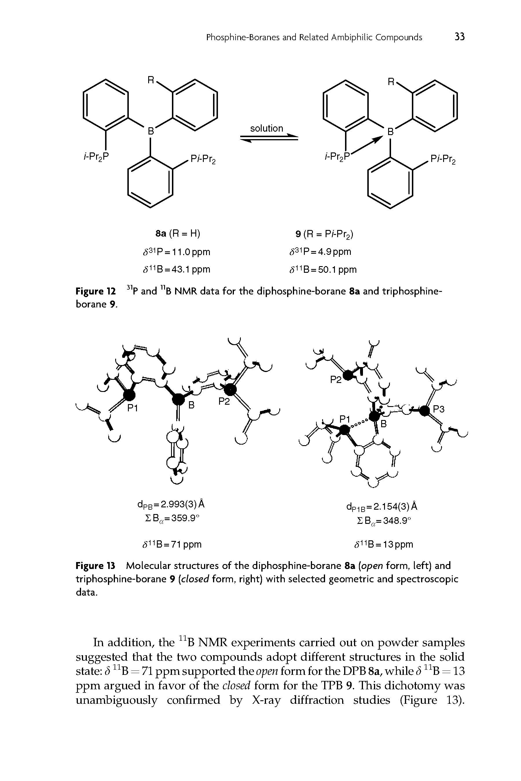 Figure 13 Molecular structures of the diphosphine-borane 8a (open form, left) and triphosphine-borane 9 (closed form, right) with selected geometric and spectroscopic data.
