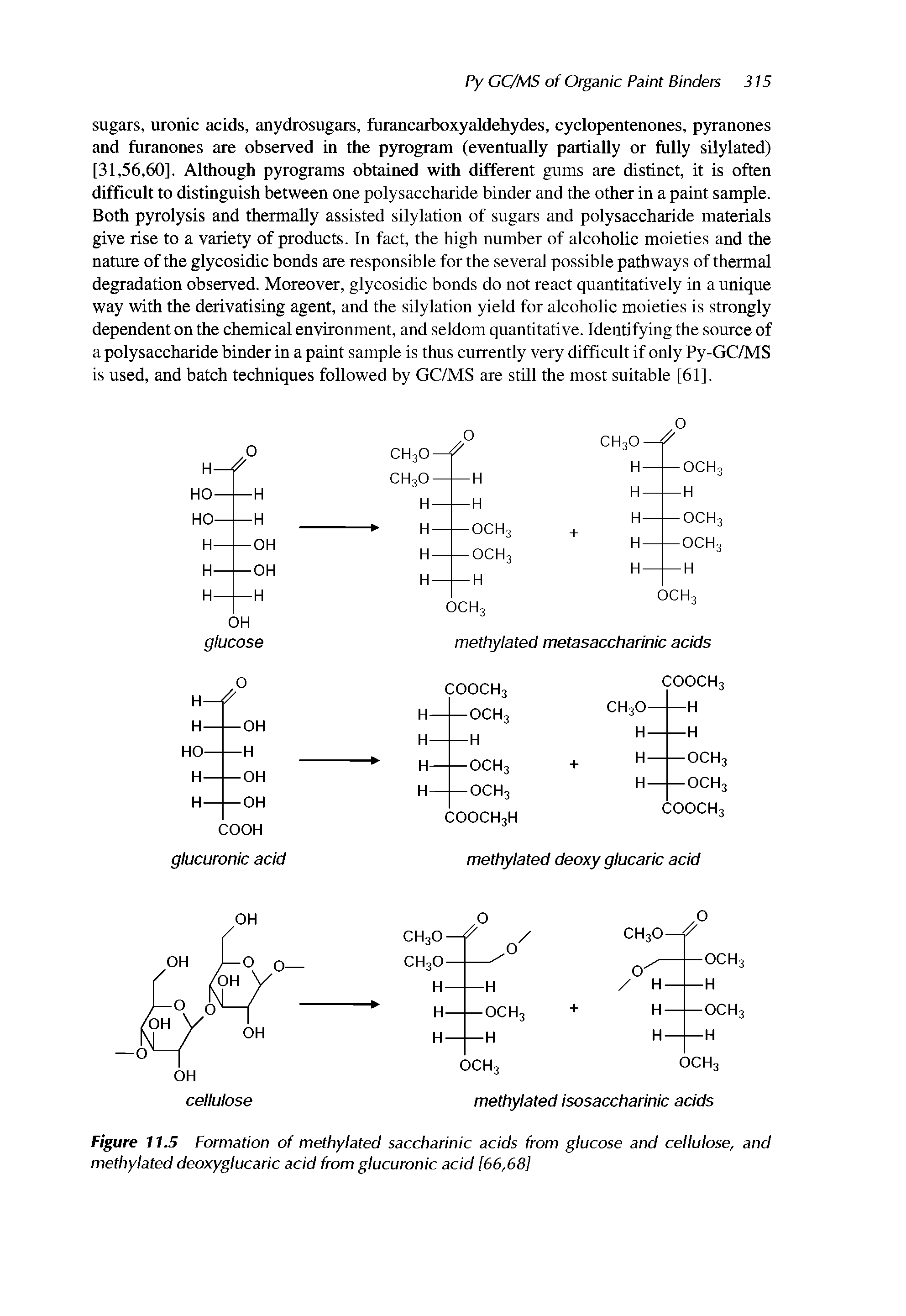 Figure 11.5 Formation of methylated saccharinic acids from glucose and cellulose, and methylated deoxyglucaric acid from glucuronic acid [66,681...