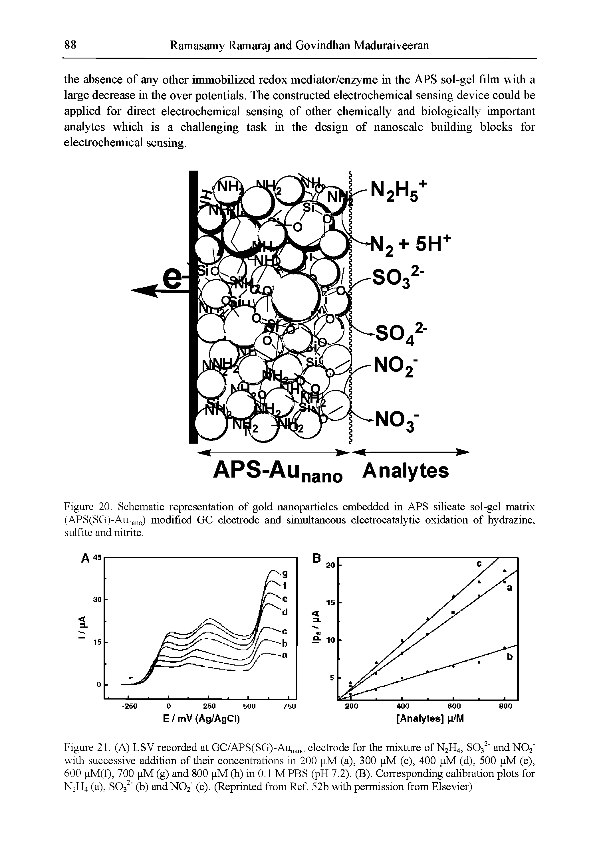 Figure 20. Schematic representation of gold nanoparticles embedded in APS silicate sol-gel matrix (APS(SG)-Aunano) modified GC electrode and simultaneous electrocatalytic oxidation of hydrazine, sulfite and nitrite.